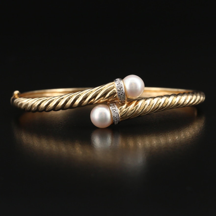 14K Pearl and Diamond Twisted Bypass Bangle