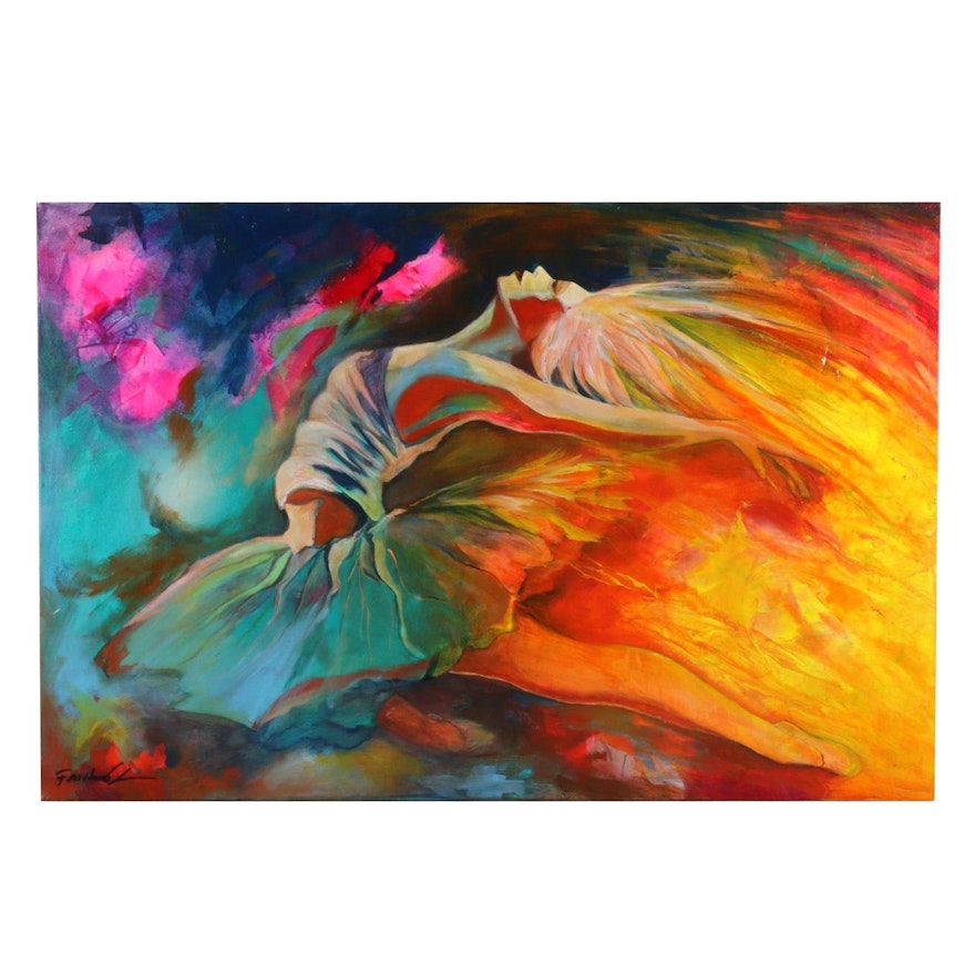 Farshad Lanjani Acrylic Painting of Leaping Ballerina, 21st Century