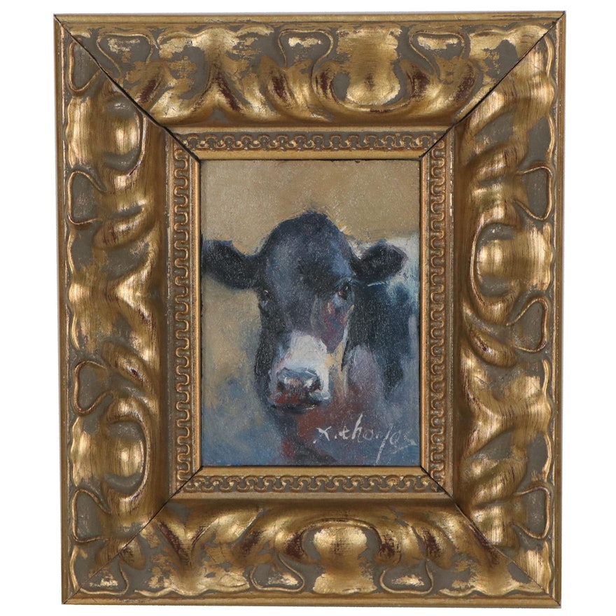 X. Thomas Miniature Oil Painting of Cow, Late 20th Century