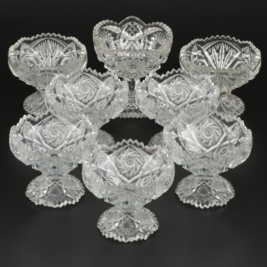 American Brilliant Style Pressed Glass Coupes, Early to Mid 20th Century