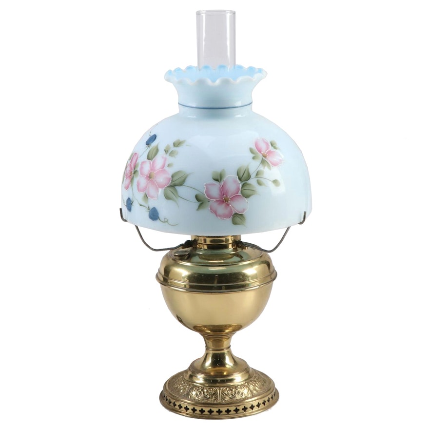Converted Brass Oil Parlor Lamp with Hand-Painted Porcelain Shade, Mid-20th C