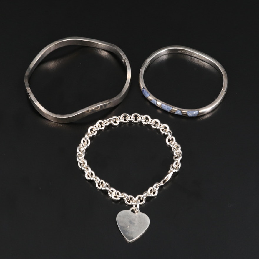 Sterling Silver Hinged Bangles and Heart Charm Bracelet