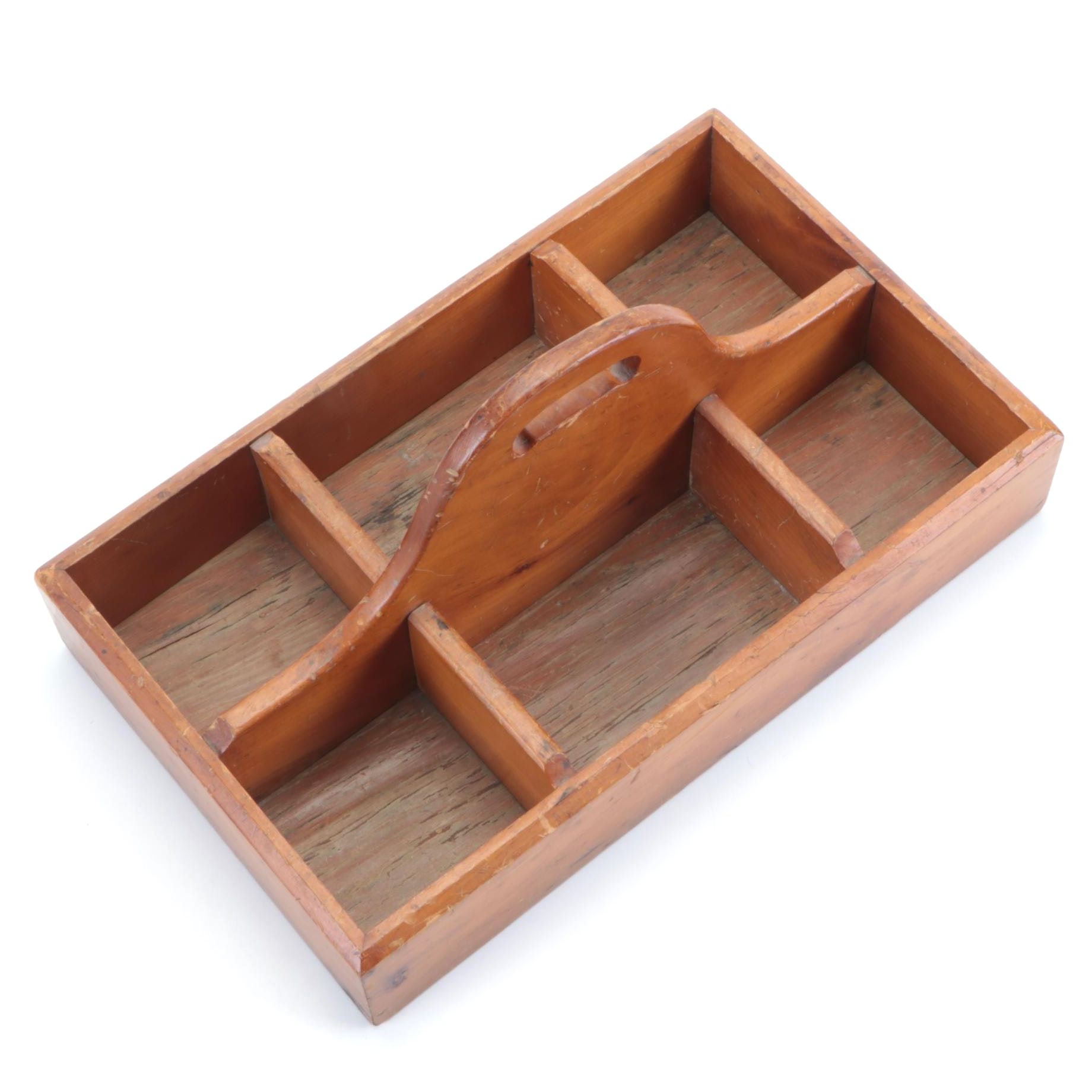 Carved Wooden Segmented Tool Carrier Box with Handle
