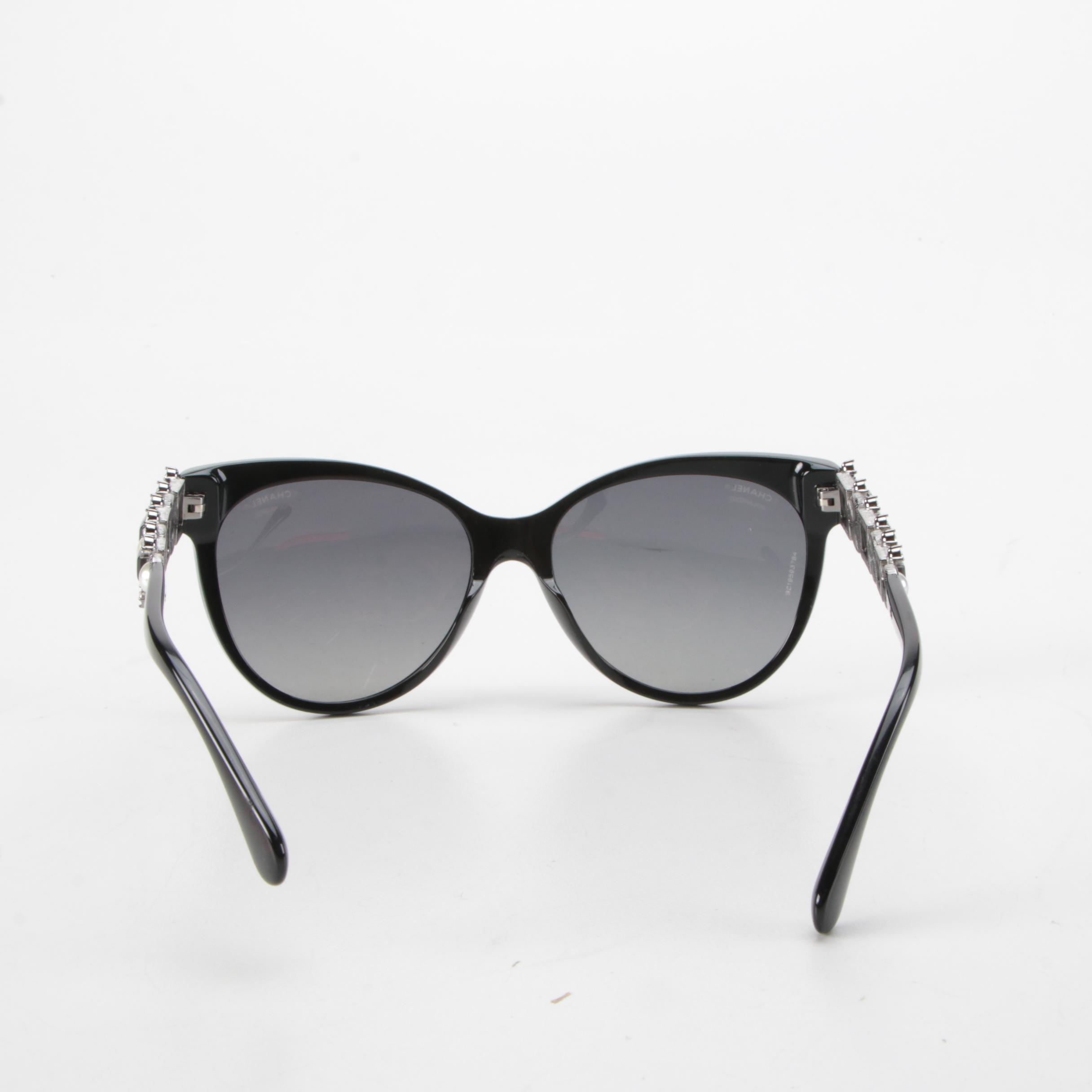 Chanel 5336HB Polarized Fantasy Pearl Bijou Black Cat Eye Sunglasses with Case