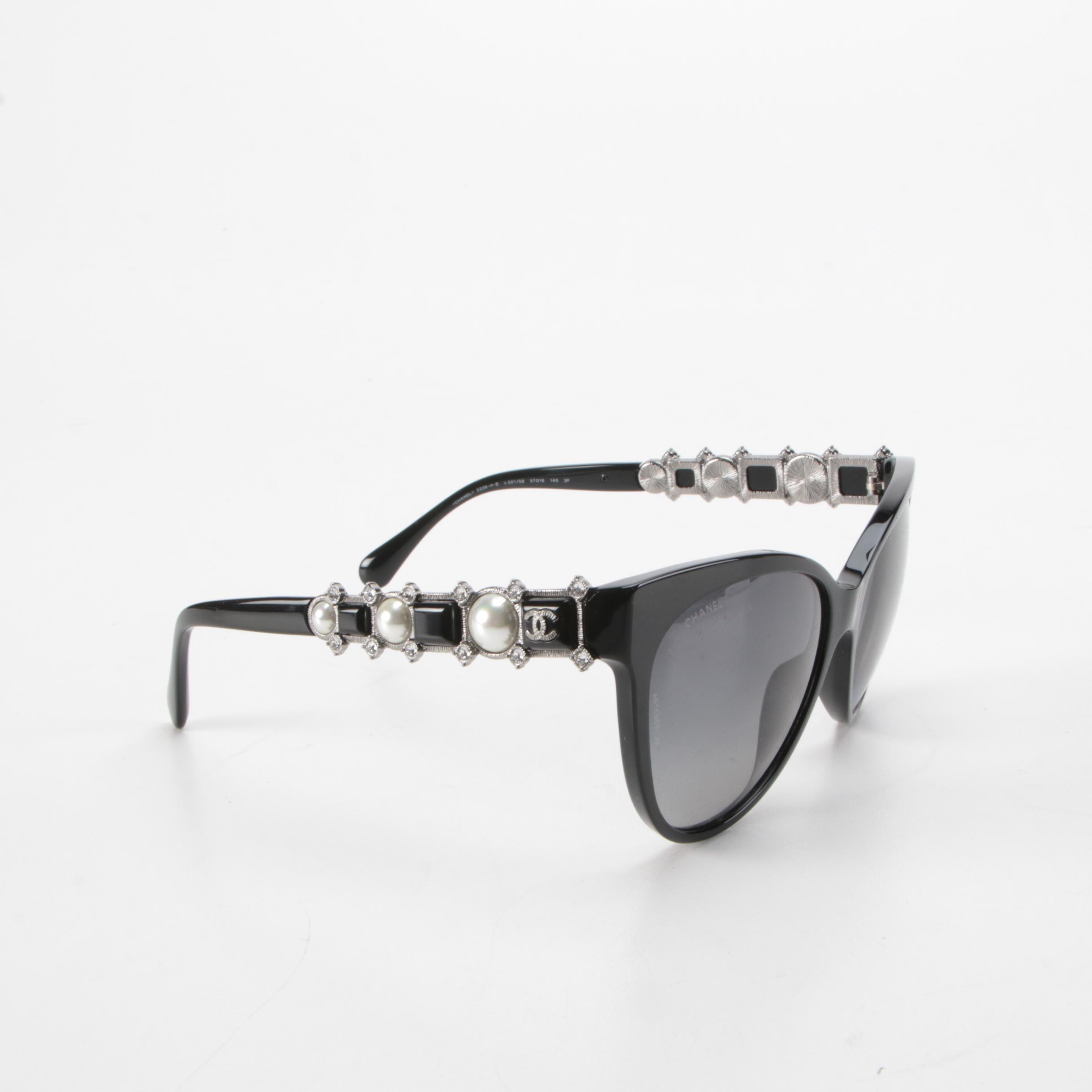 Chanel 5336HB Polarized Fantasy Pearl Bijou Black Cat Eye Sunglasses with Case