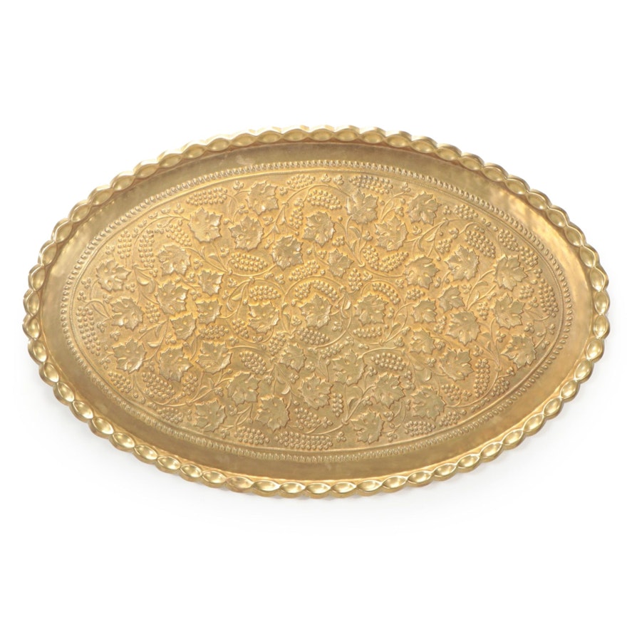 Indo-Persian Brass Repoussé Berry and Foliate Oval Tray Wall Hanging