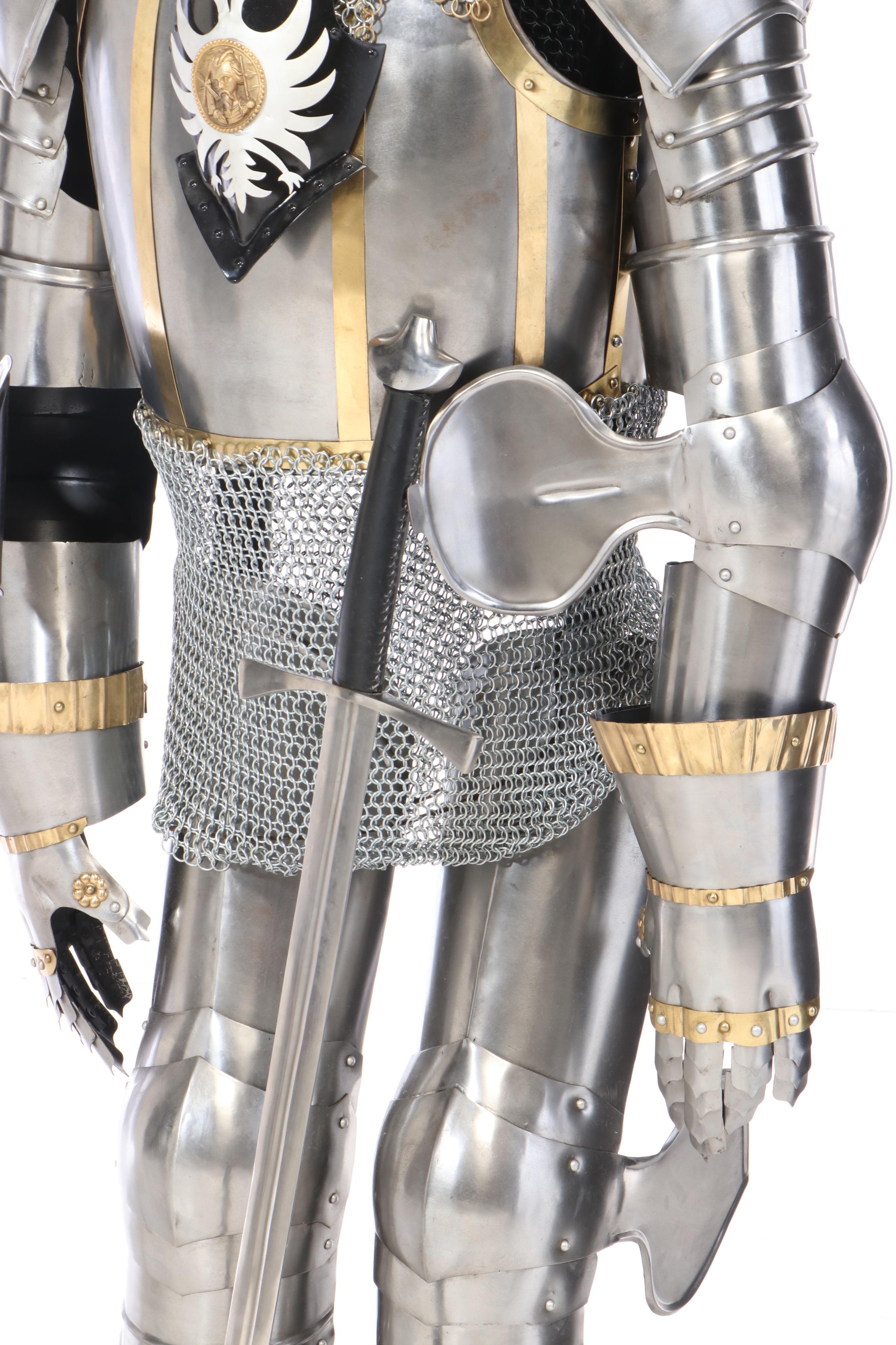Steel and Brass Suit of Armor with Sword and Shield