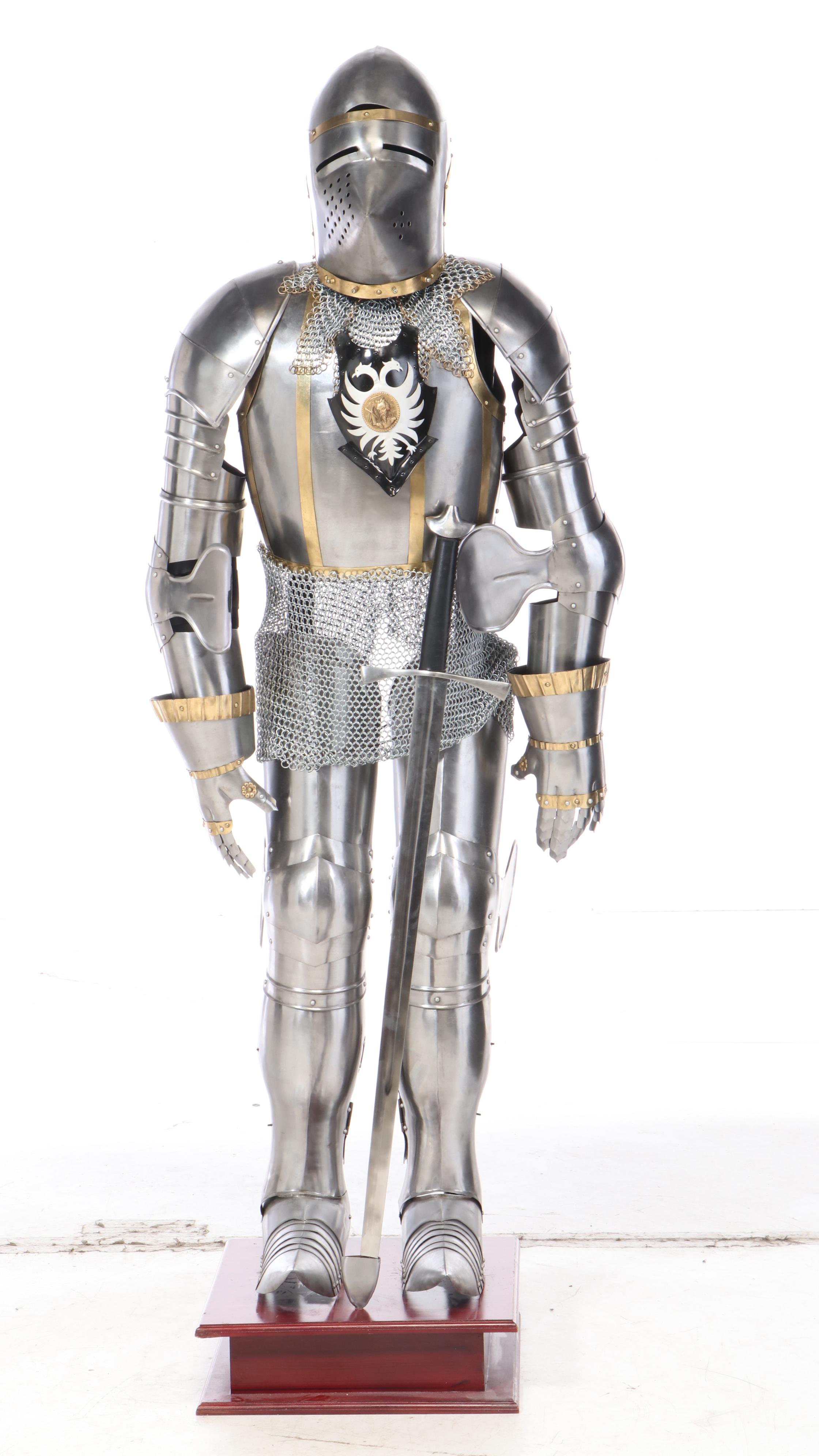 Steel and Brass Suit of Armor with Sword and Shield