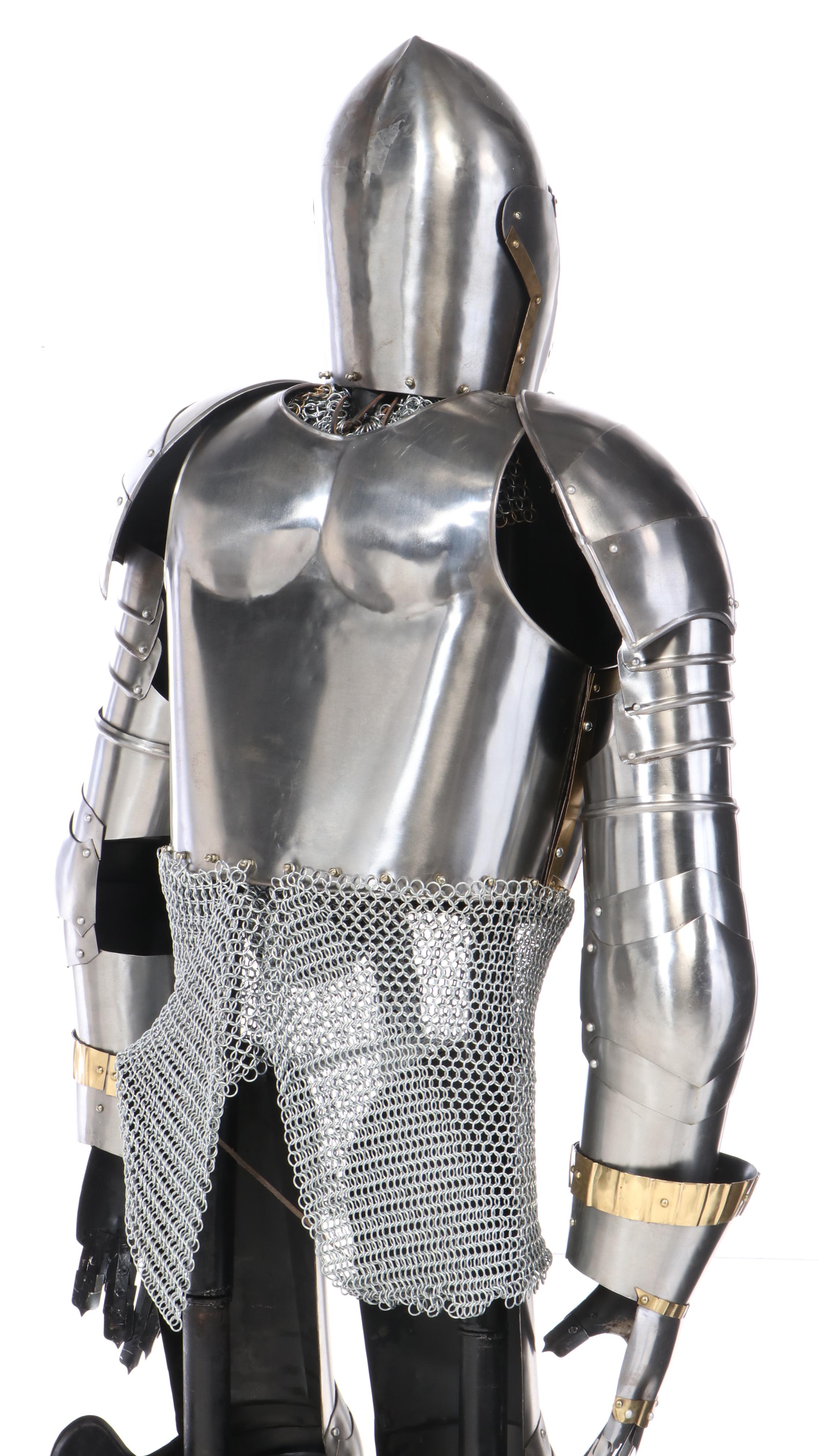 Steel and Brass Suit of Armor with Sword and Shield