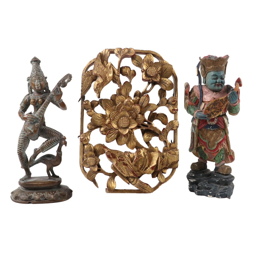 Hindu Bronze Figure of Saraswati with Chinese Wood Carved God of Music and More