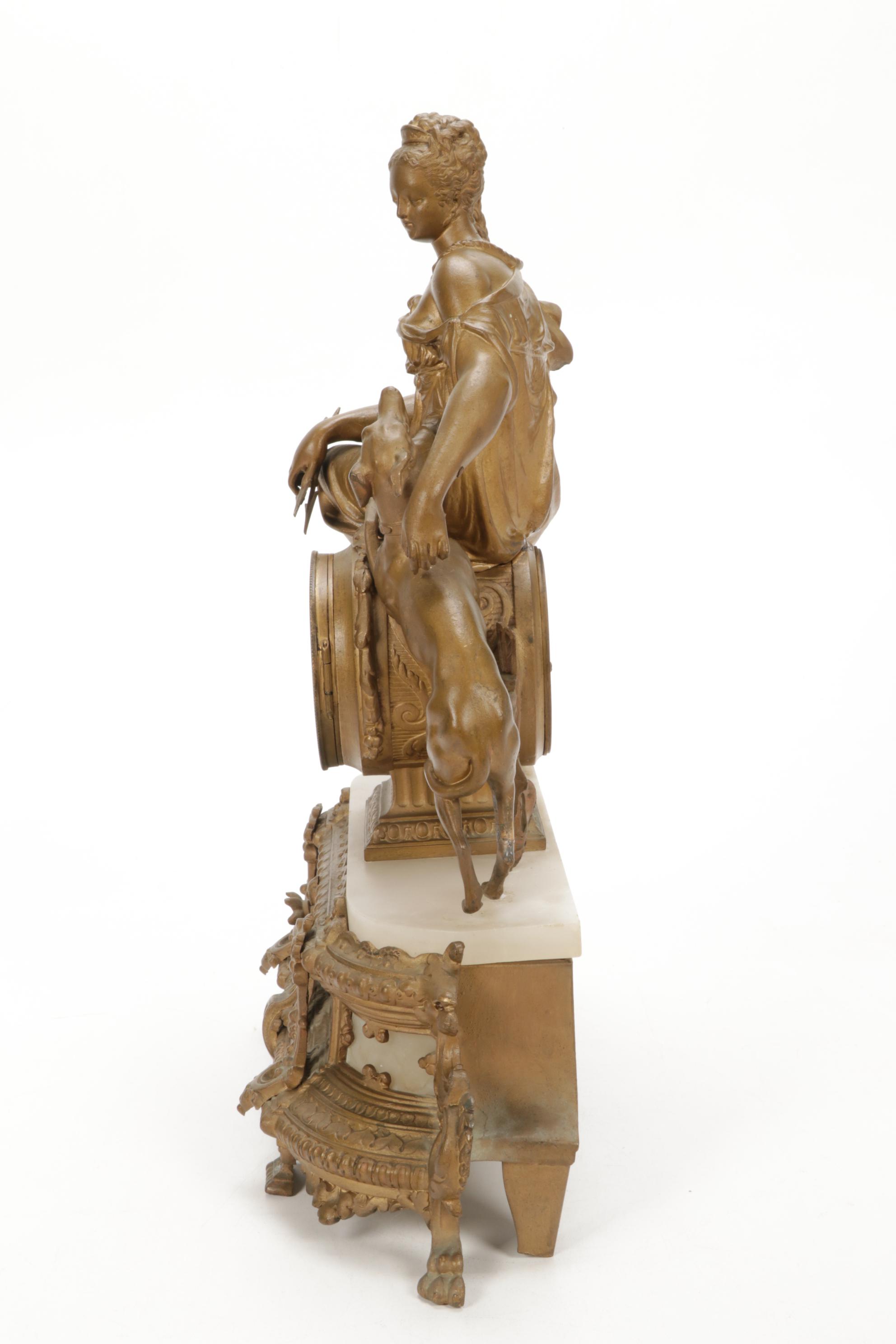 French Vincenti & Cie Gilt Bronze Goddess Diana Mantel Clock, Mid-Late 19th C.