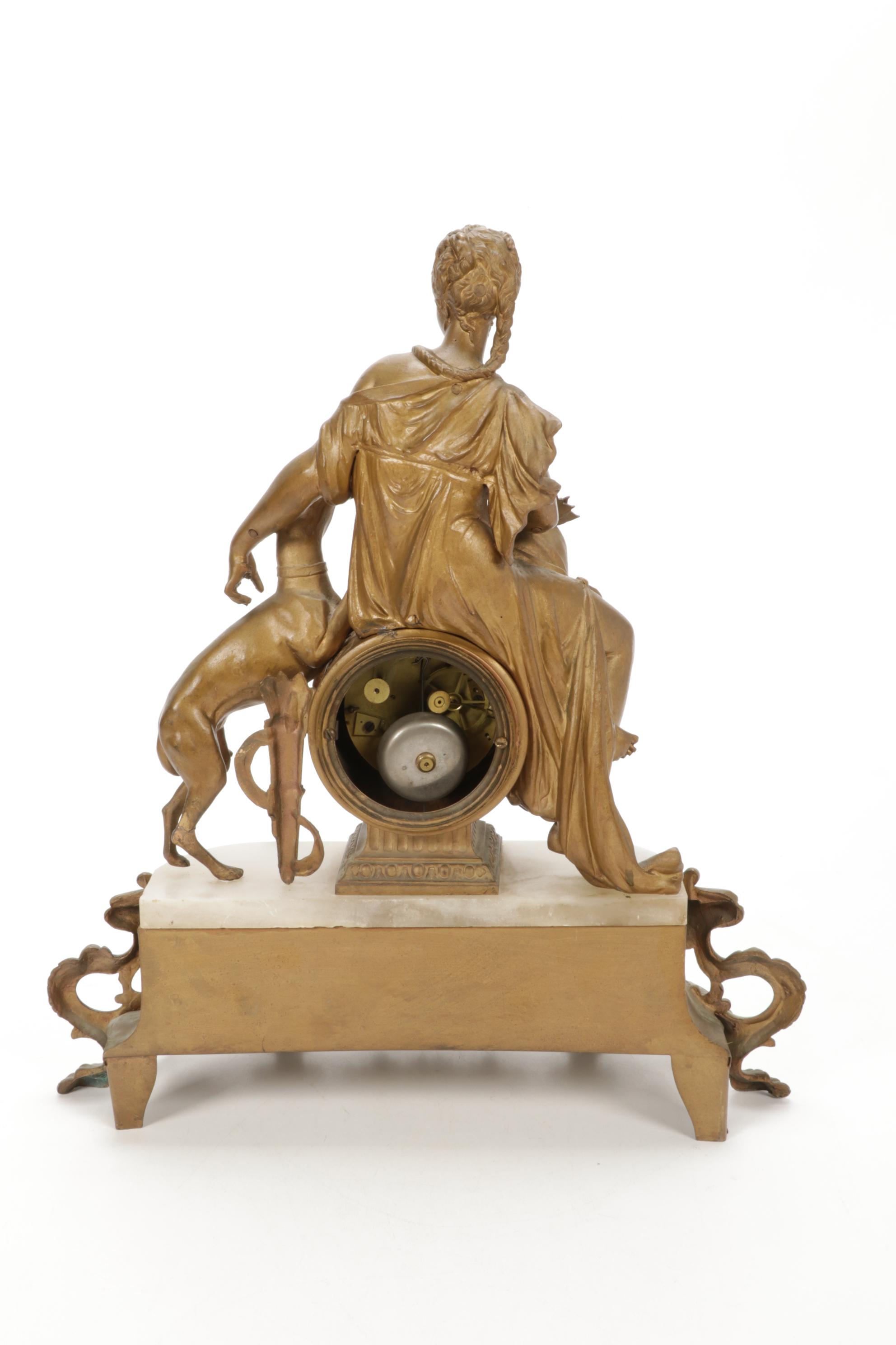 French Vincenti & Cie Gilt Bronze Goddess Diana Mantel Clock, Mid-Late 19th C.