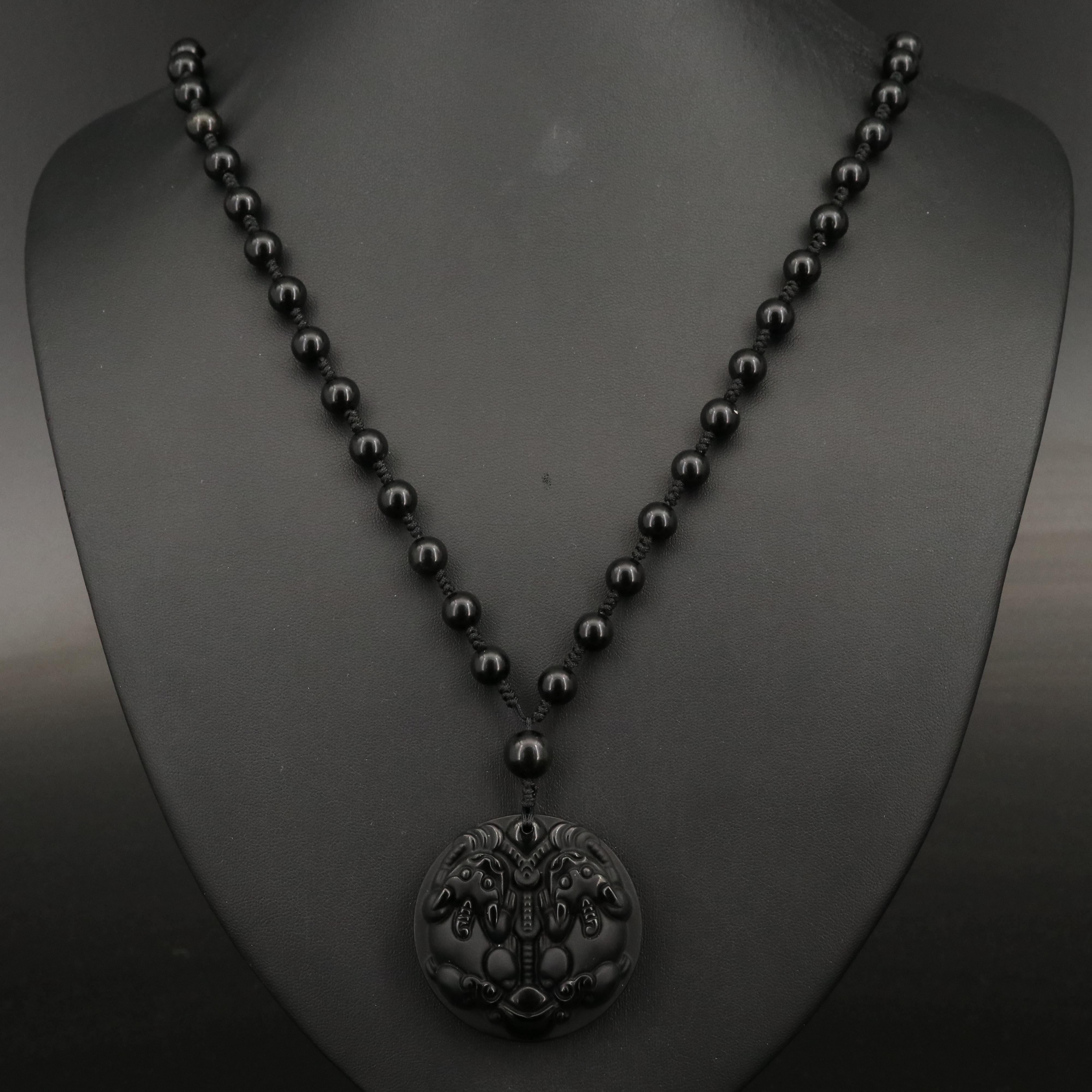 Chinese "Pi Xiu" Good Fortune and Wealth Obsidian Necklace