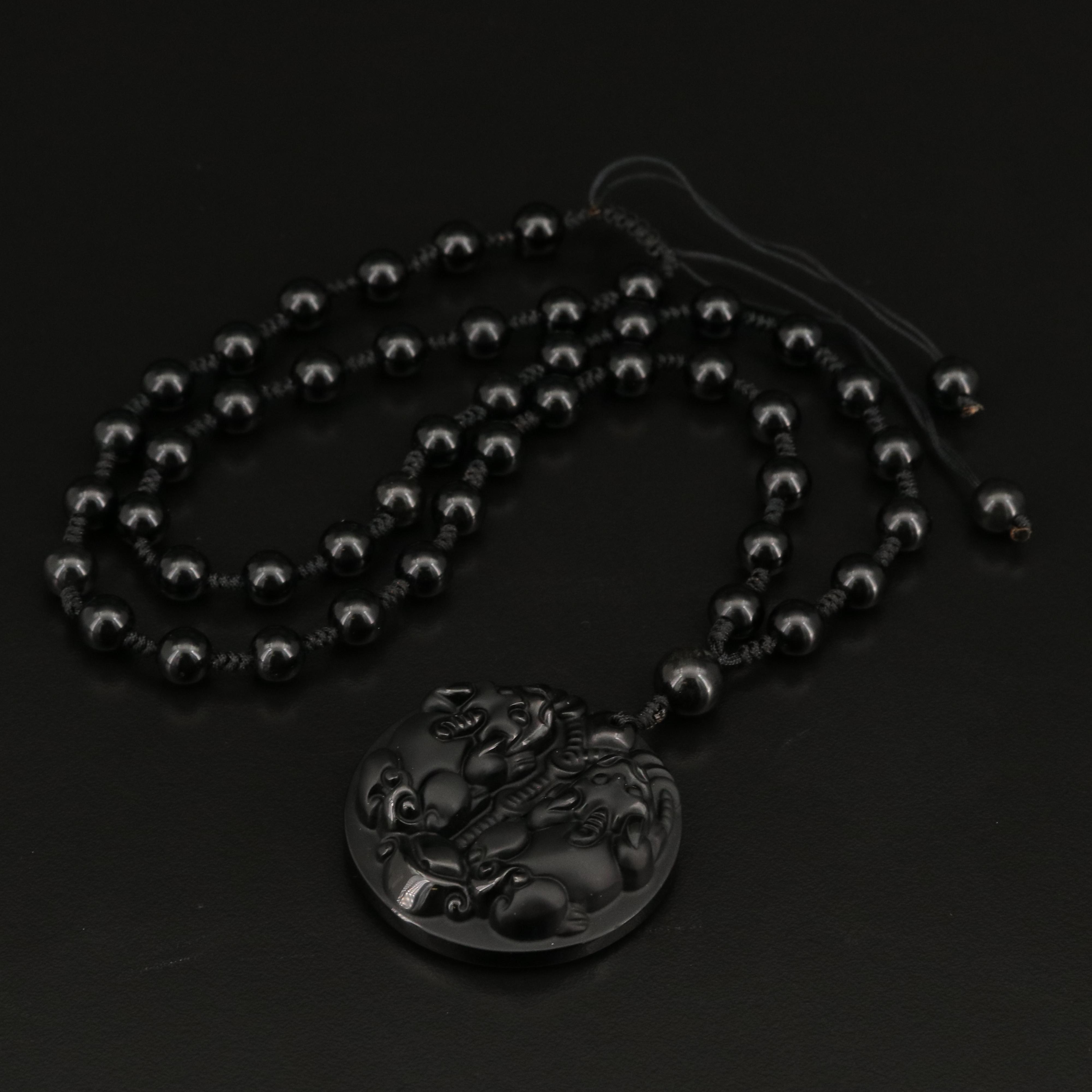 Chinese "Pi Xiu" Good Fortune and Wealth Obsidian Necklace