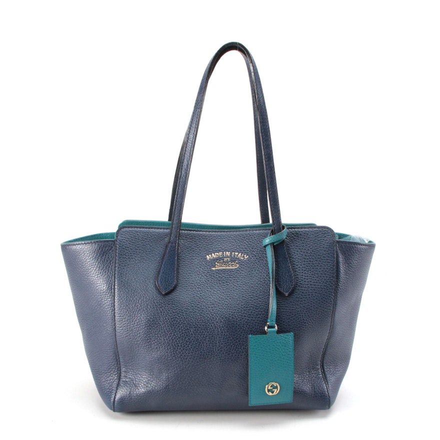 Gucci Small Swing Tote Bag in Navy Blue and Teal Pebbled Leather