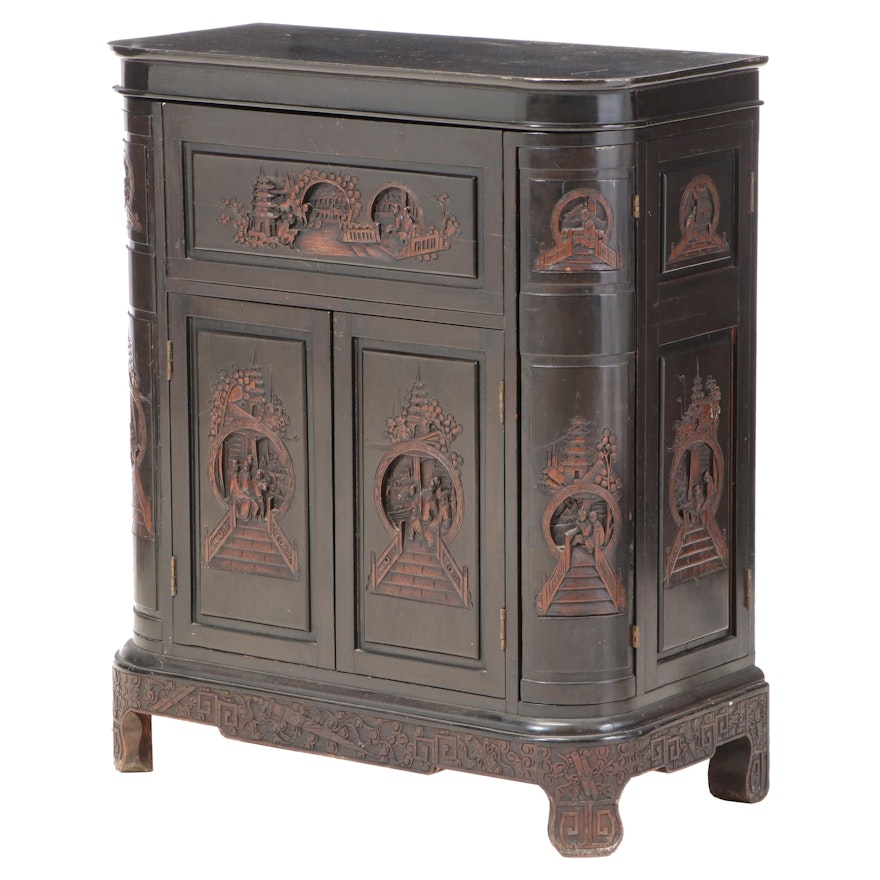 George Zee & Co. Chinese Relief-Carved Ebonized Wood Bar Cabinet, Mid-20th C.