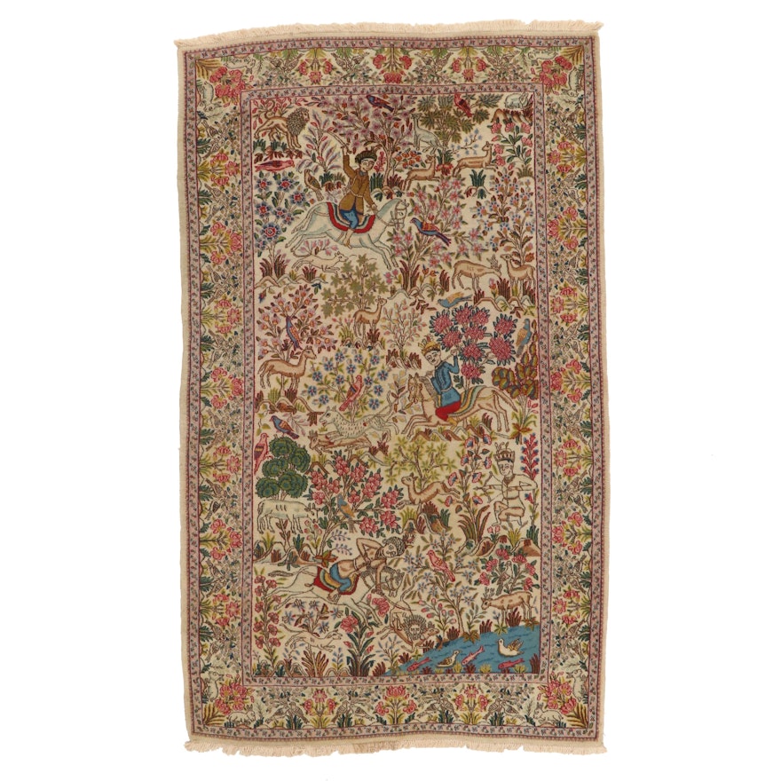 4'11 x 8'9 Hand-Knotted Persian Kerman Pictorial Area Rug
