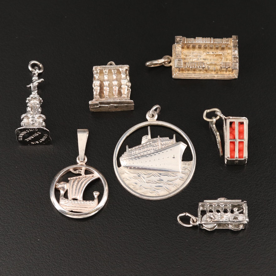Sterling and 950 Silver Travel Themed Charms
