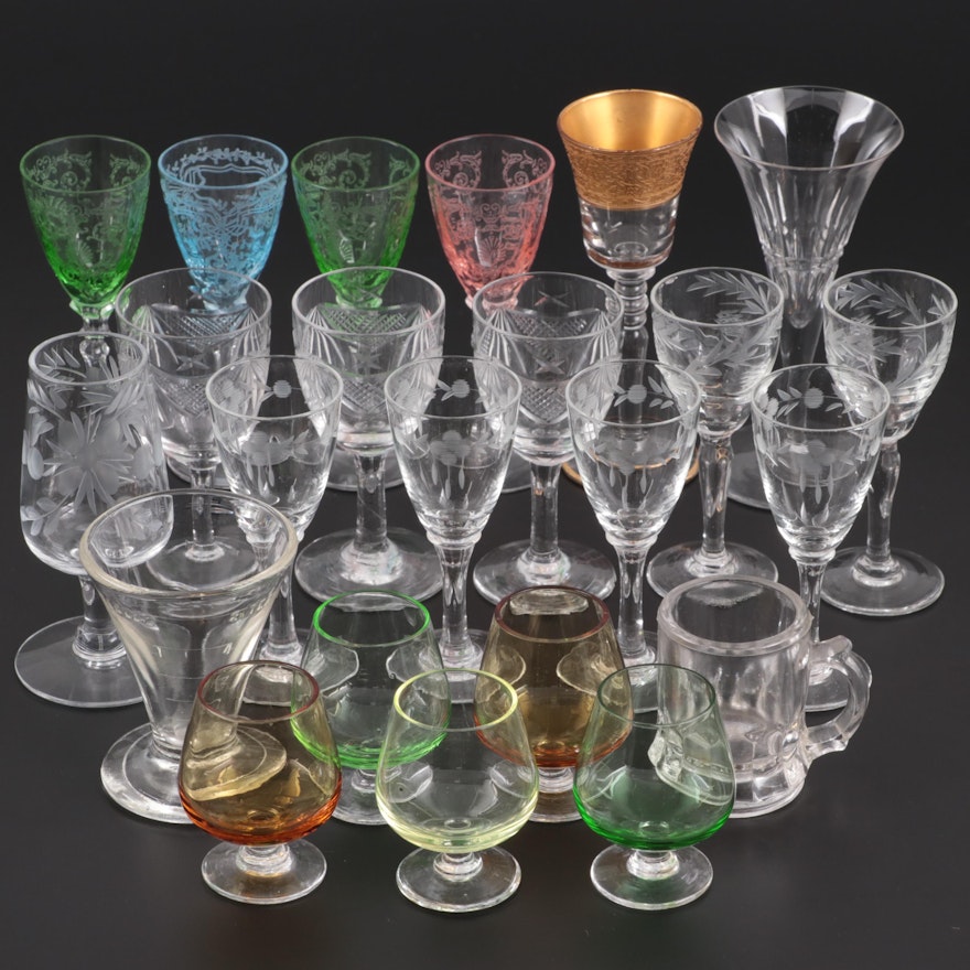 Foliate Etched Cordial Glasses with Other Barware, Mid-20th Century