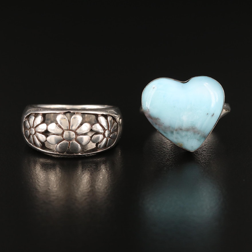 Sterling Larimar Heart Ring with Flower Band