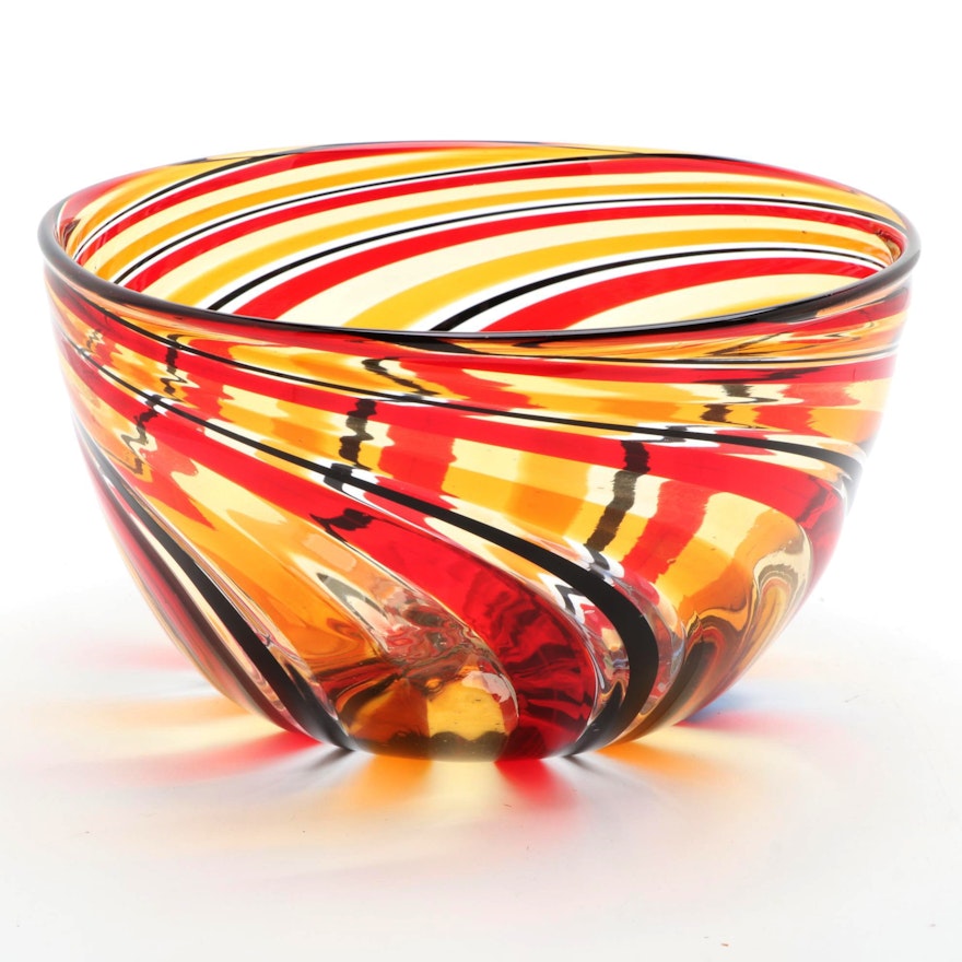 Angelo Ballarin Murano Art Glass Blown Red, Black and Yellow Spiral Bowl