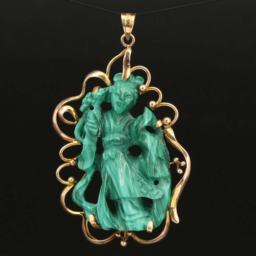 14K Malachite Guanyin Pendant