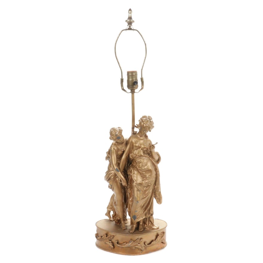 Rococo Revival Style Gilt Spelter Two Maidens Form Table Lamp, Late 20th C