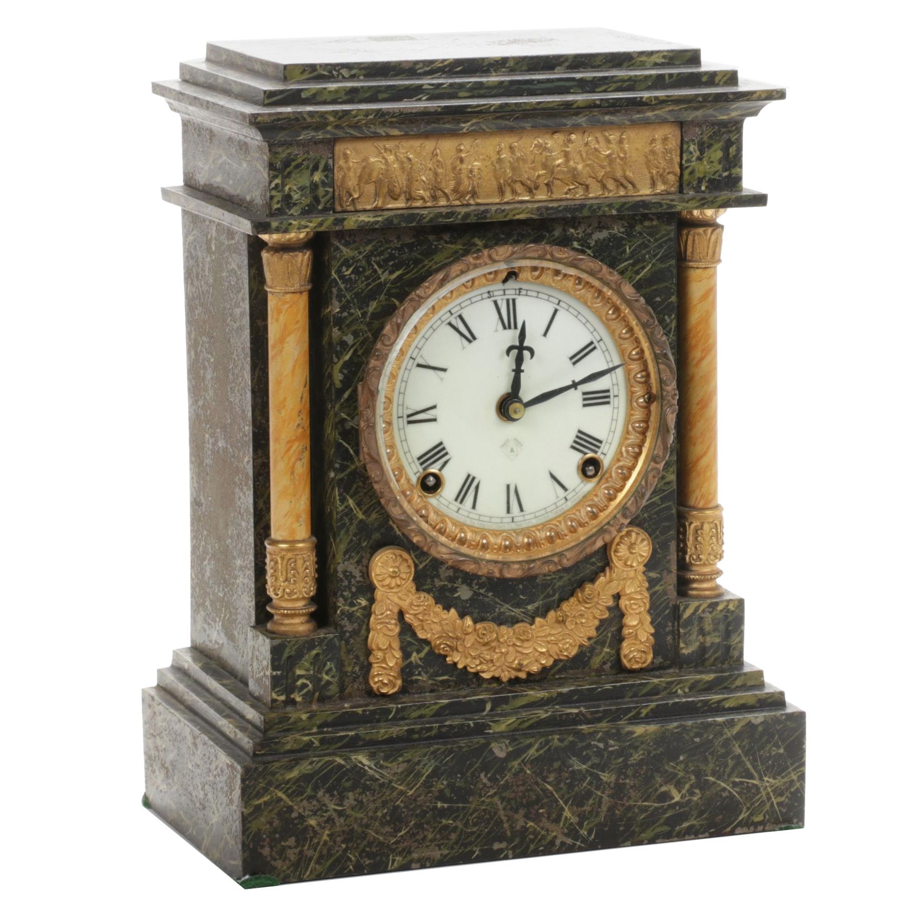 Ansonia Marblized Cast Iron Mantel Clock with Greek Frieze, Antique