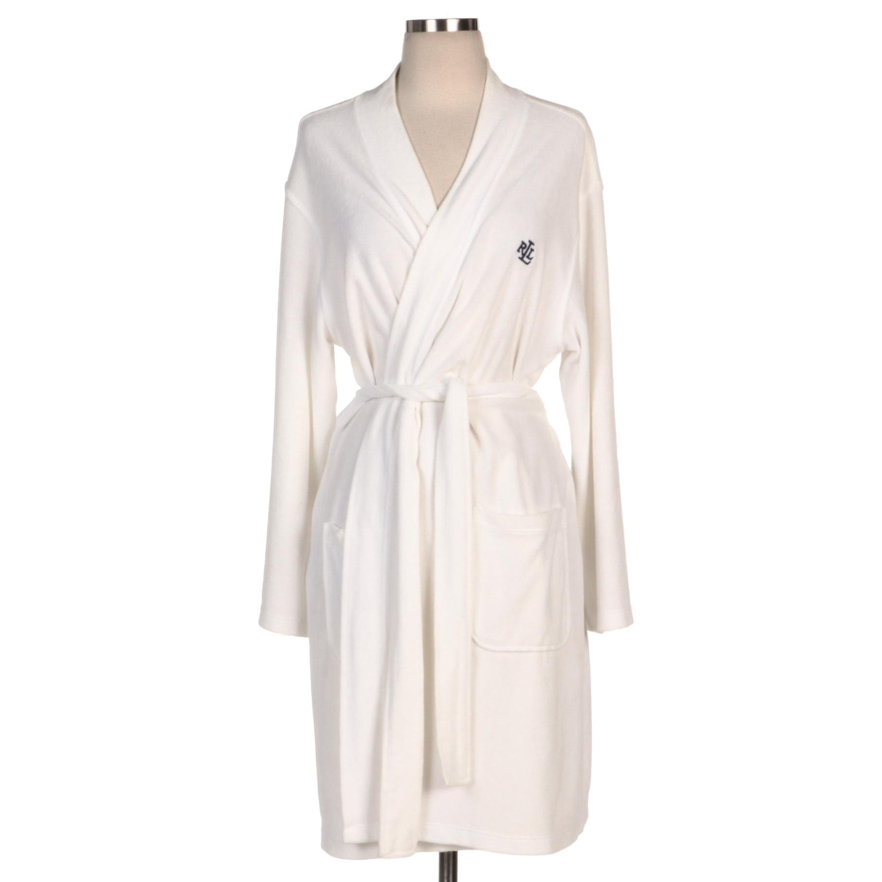 Lauren Ralph Lauren White Terry Cloth Robe with Navy Embroidered Monogram Logo