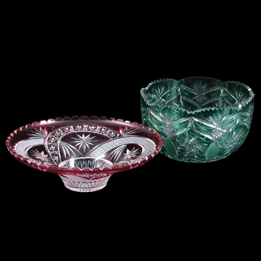 Polish Green and Red Cut to Clear Crystal Bowls