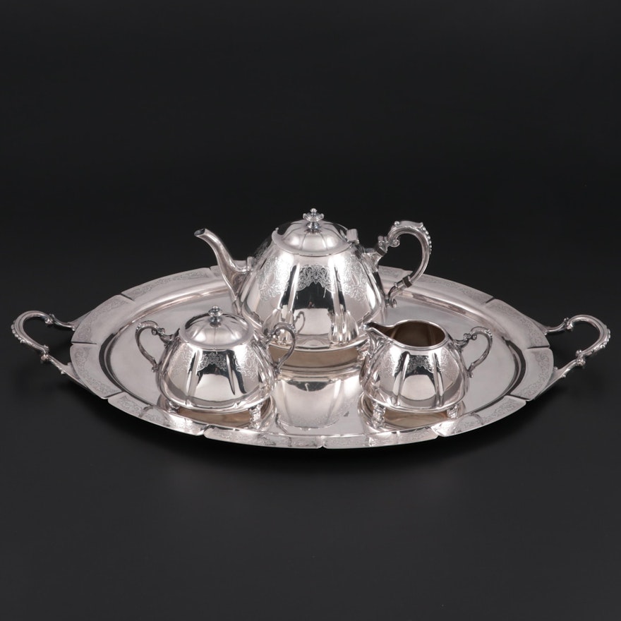 Meriden International "Francis I" Chased Silver Plate Tea Service and Tray