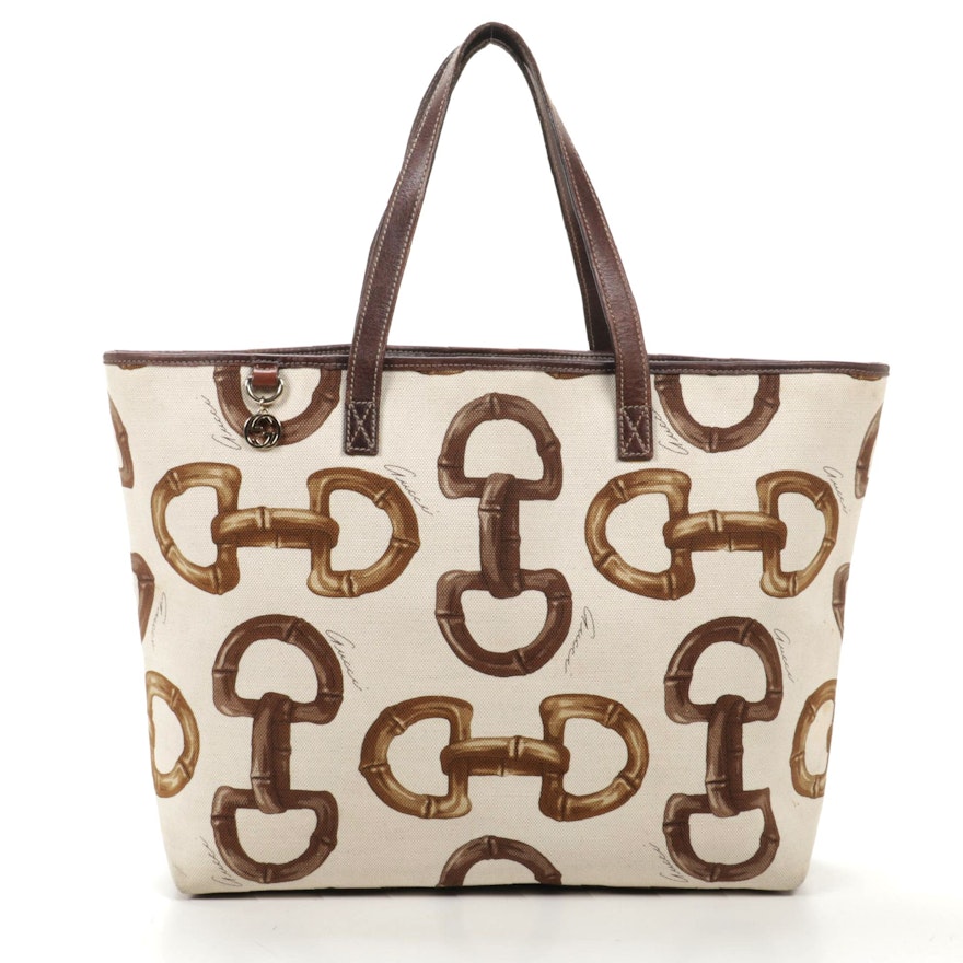 Gucci Tote in Horsebit Print Woven Canvas and Brown Leather