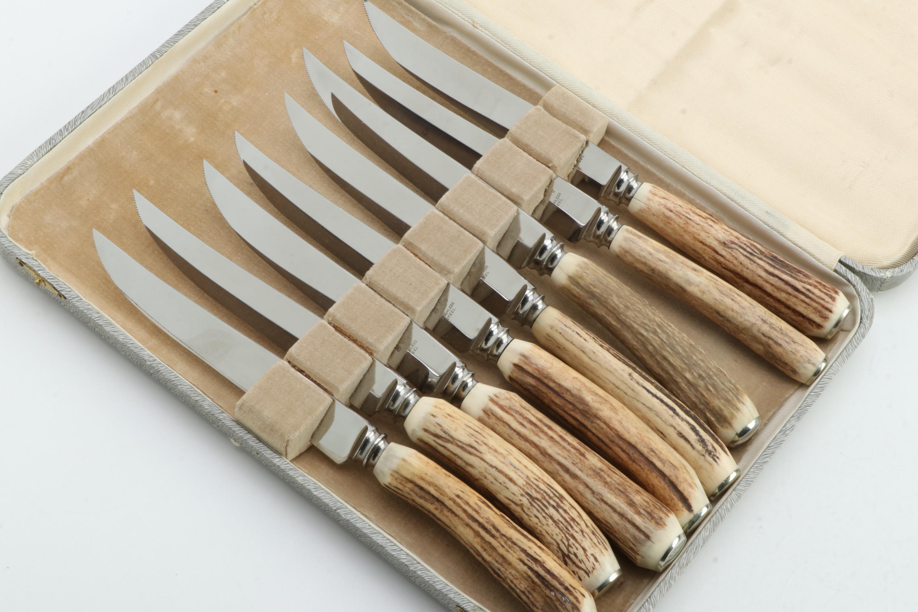 Griffon Stainless Steel Steak Knives with Stag Antler Handles