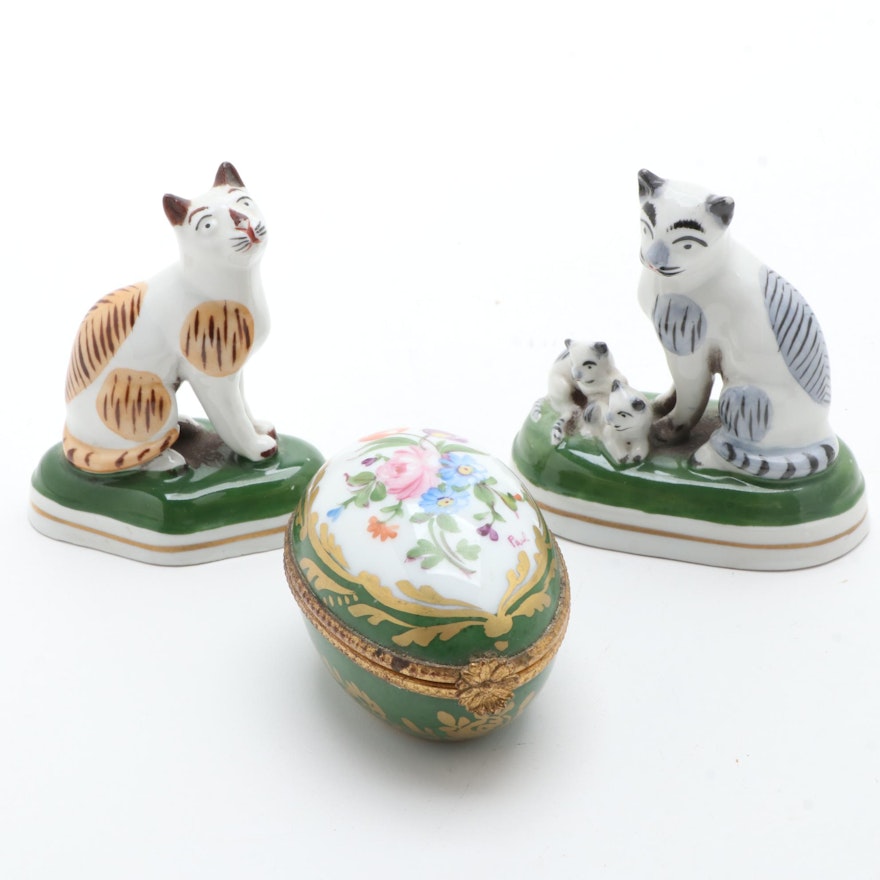 Samson Chelsea Porcelain Cat Figurines and Limoges Porcelain Box