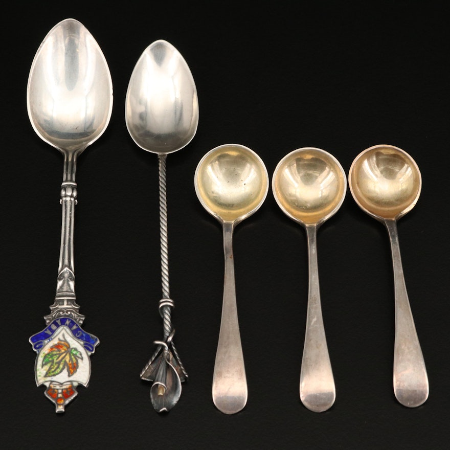Sterling Souvenir Spoons and Antique H. Matthews Salt Spoons With Enamel