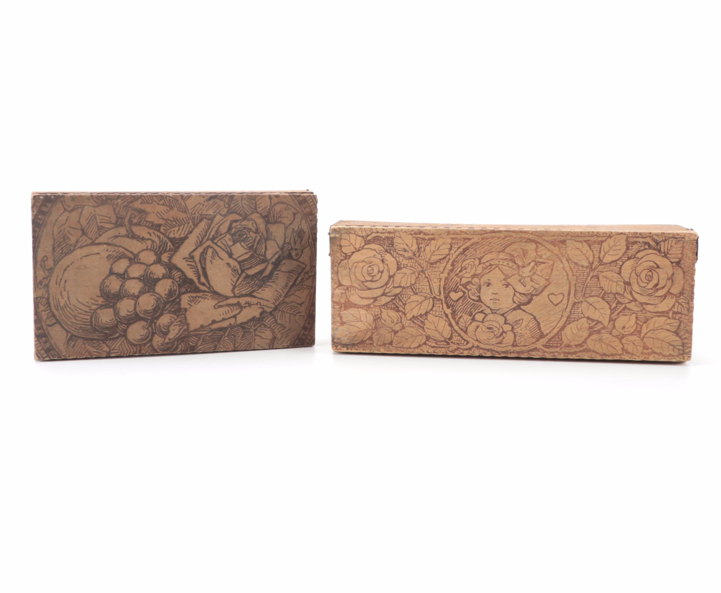 Art Nouveau Pyrography Wood Boxes and Carved Wood Box, Early 20th Century