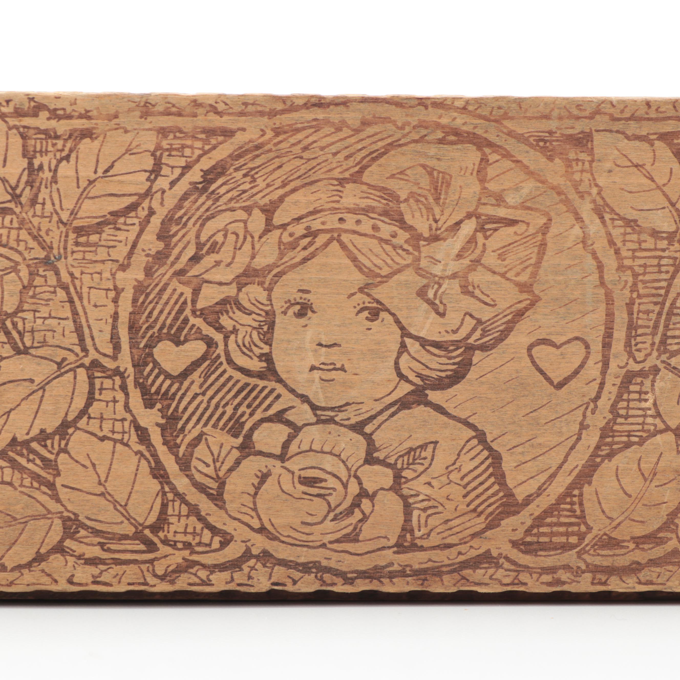 Art Nouveau Pyrography Wood Boxes and Carved Wood Box, Early 20th Century
