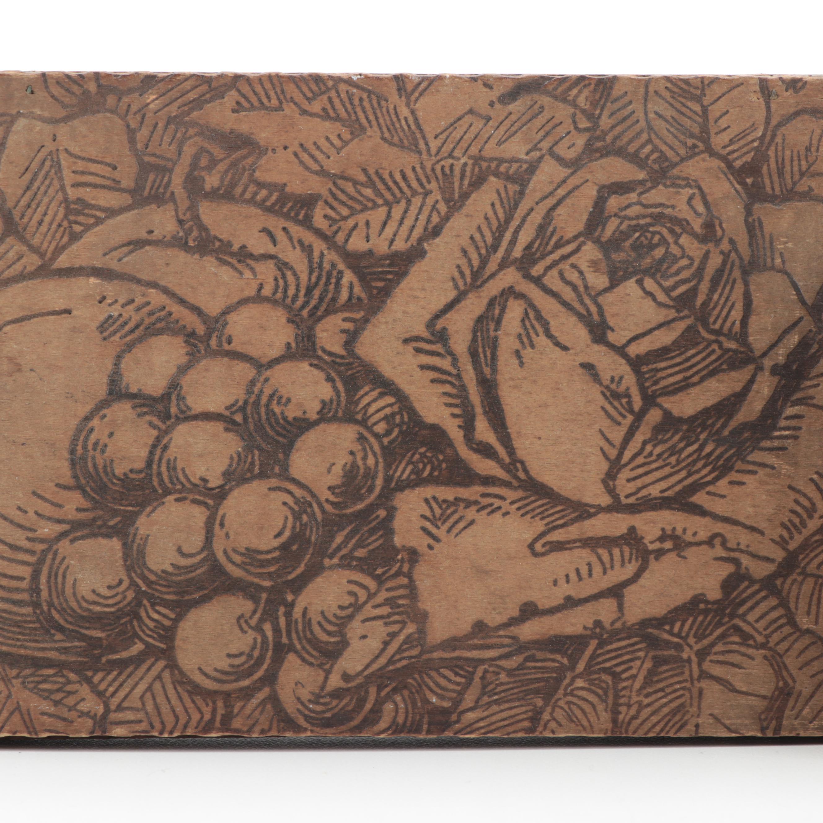 Art Nouveau Pyrography Wood Boxes and Carved Wood Box, Early 20th Century