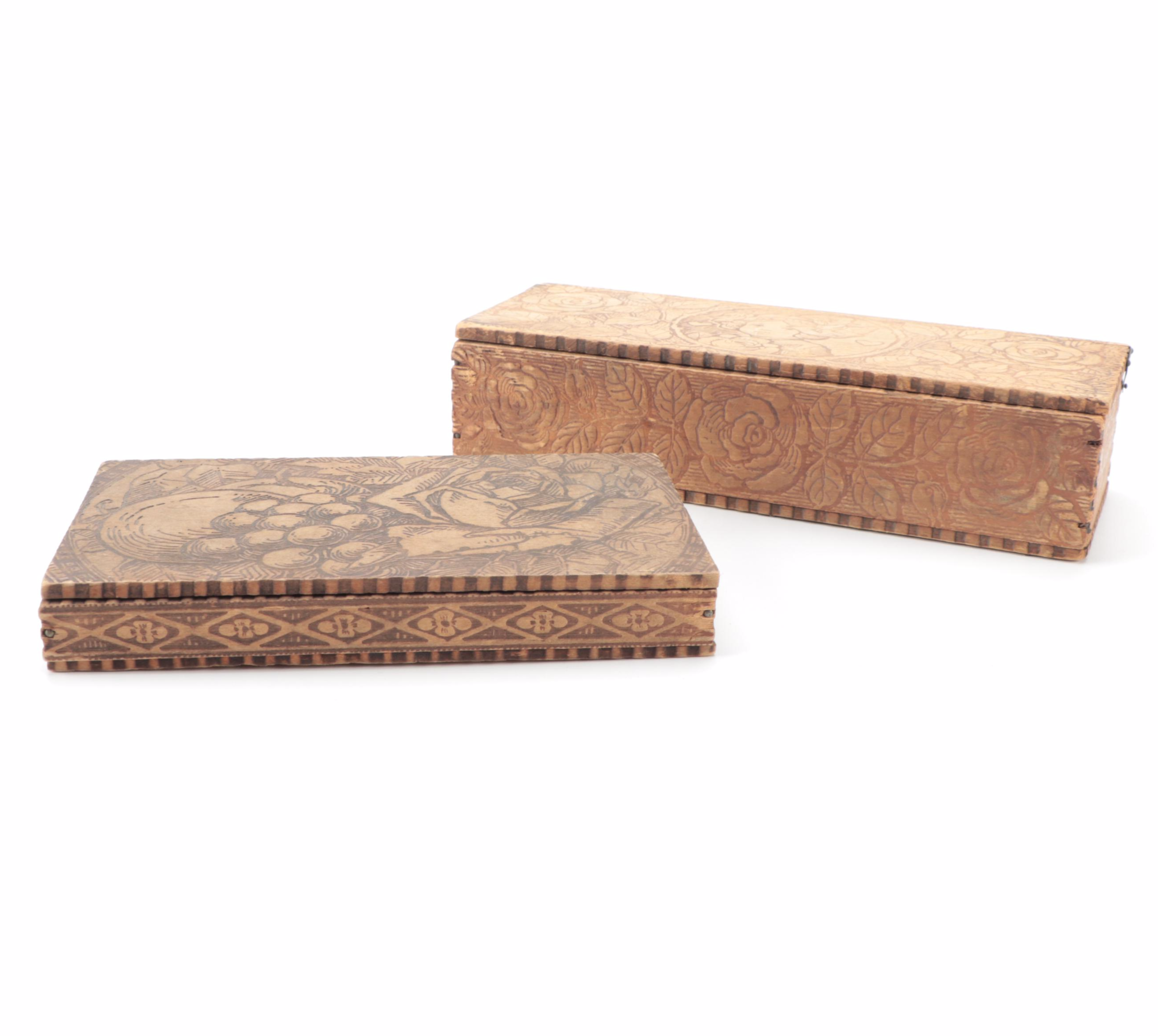 Art Nouveau Pyrography Wood Boxes and Carved Wood Box, Early 20th Century