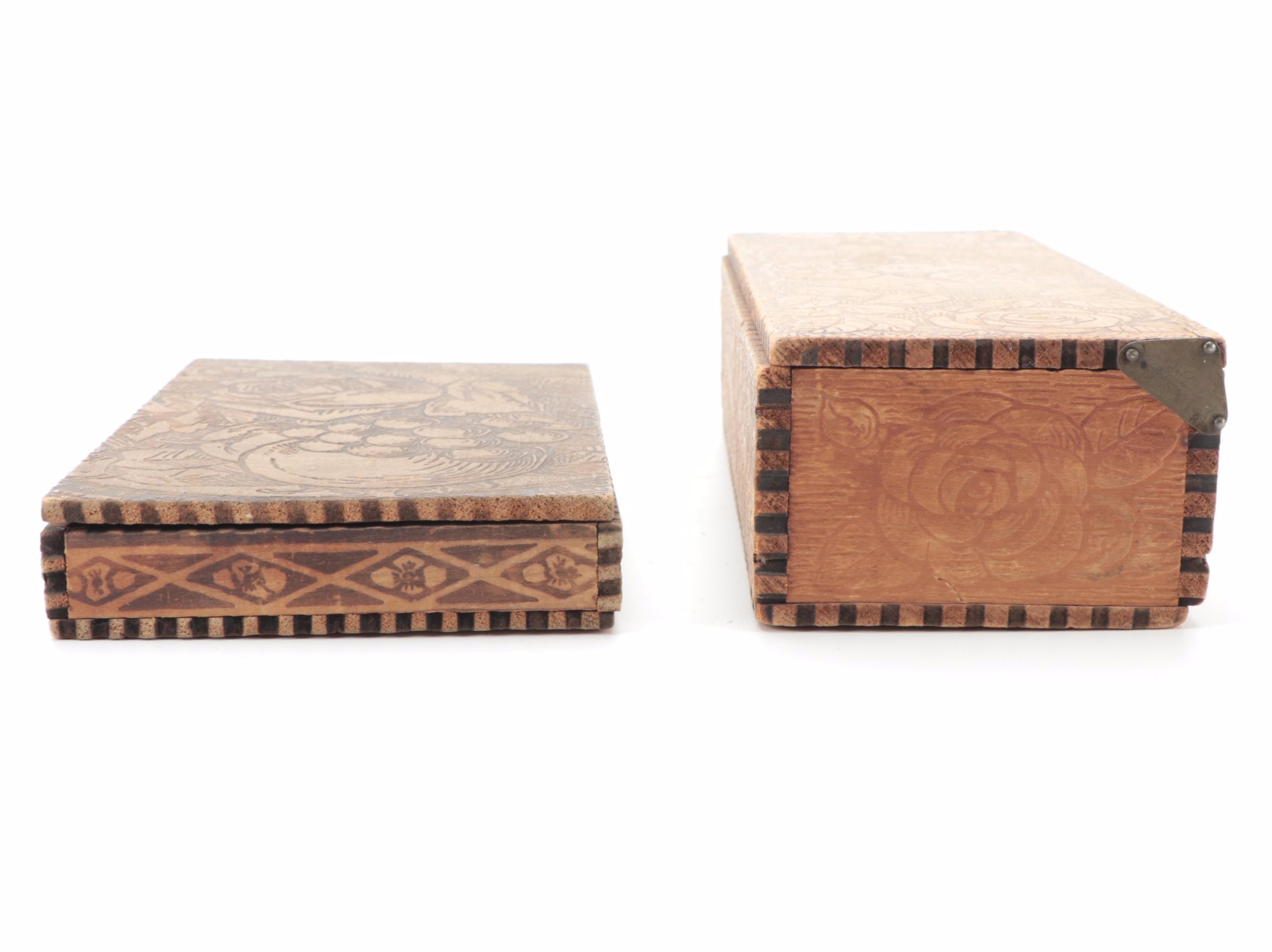 Art Nouveau Pyrography Wood Boxes and Carved Wood Box, Early 20th Century