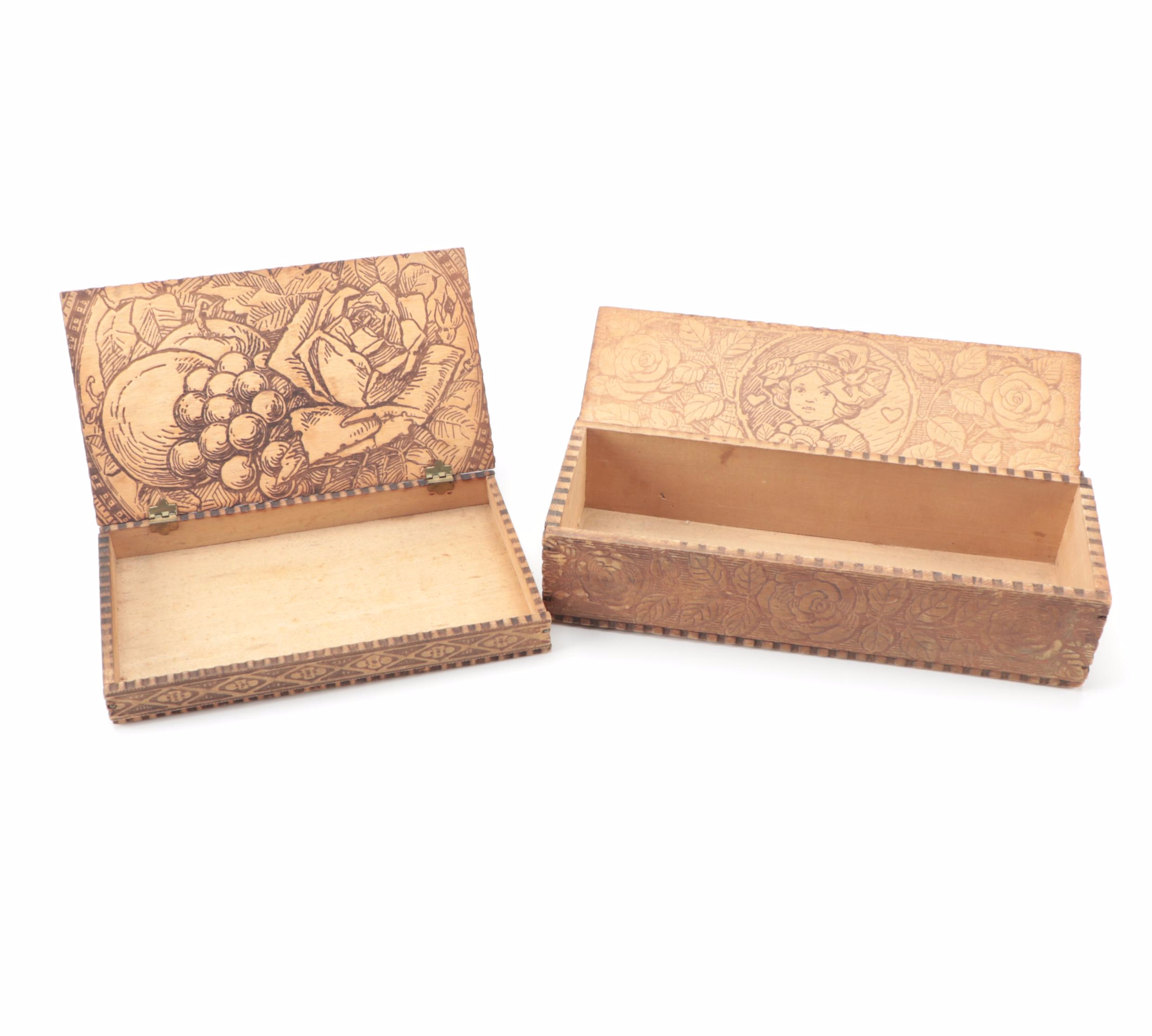 Art Nouveau Pyrography Wood Boxes and Carved Wood Box, Early 20th Century