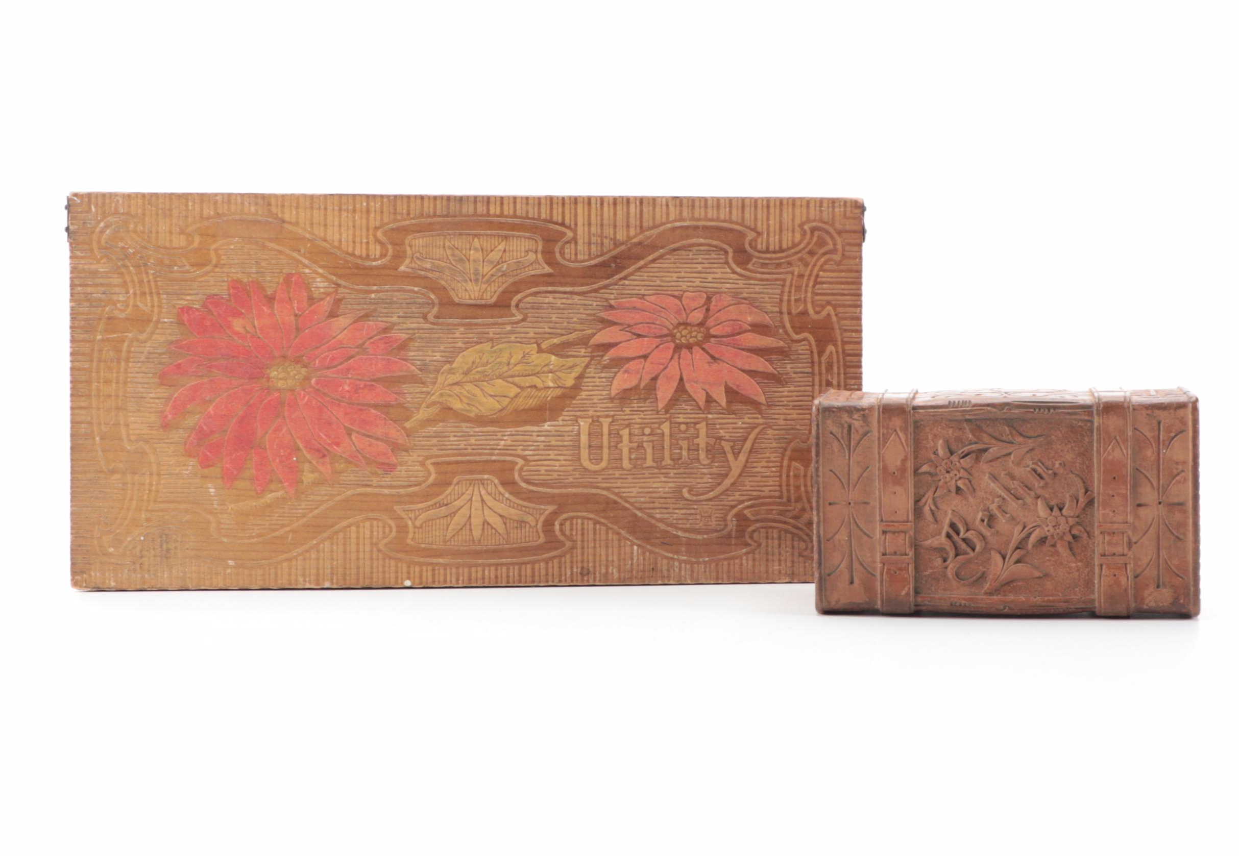 Art Nouveau Pyrography Wood Boxes and Carved Wood Box, Early 20th Century