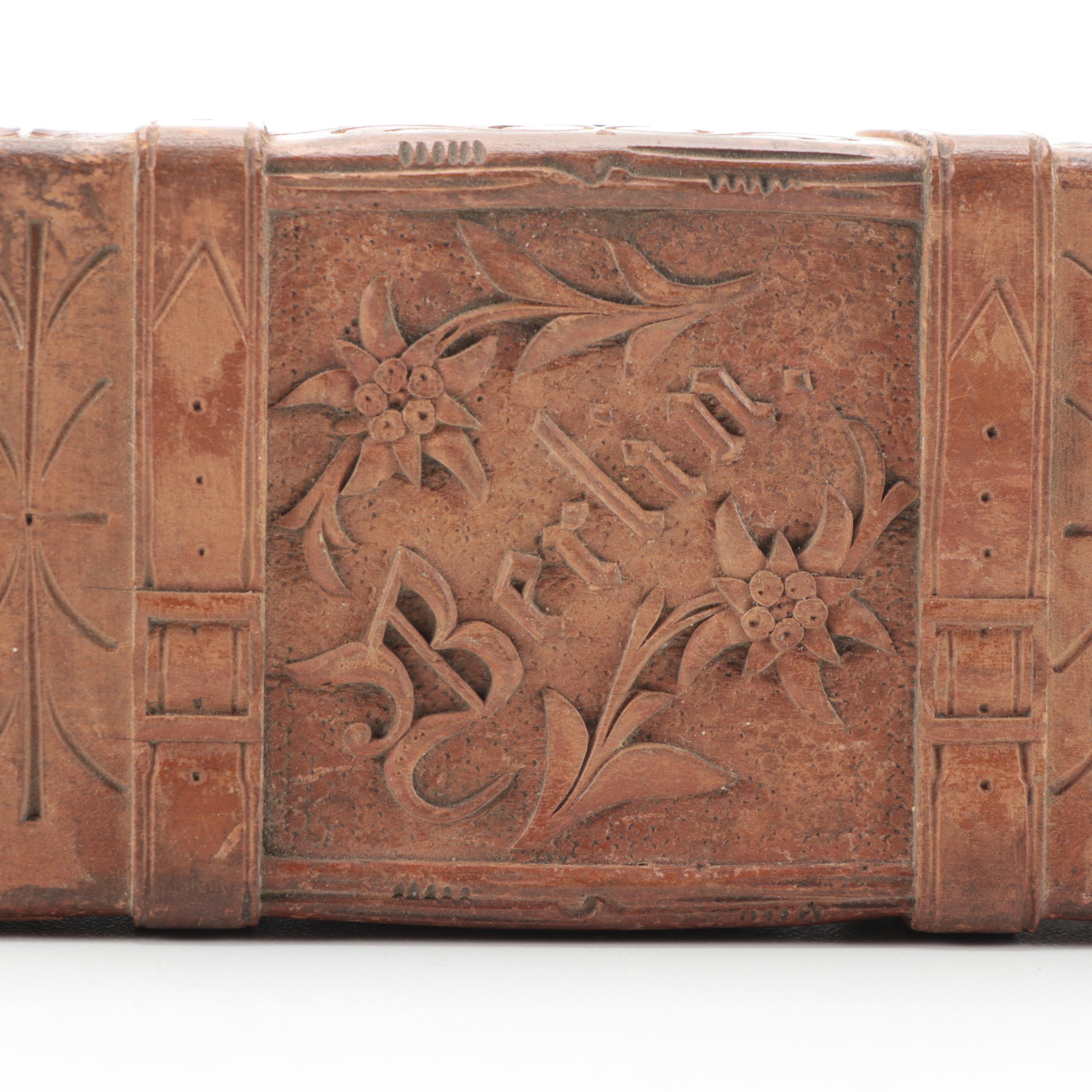 Art Nouveau Pyrography Wood Boxes and Carved Wood Box, Early 20th Century