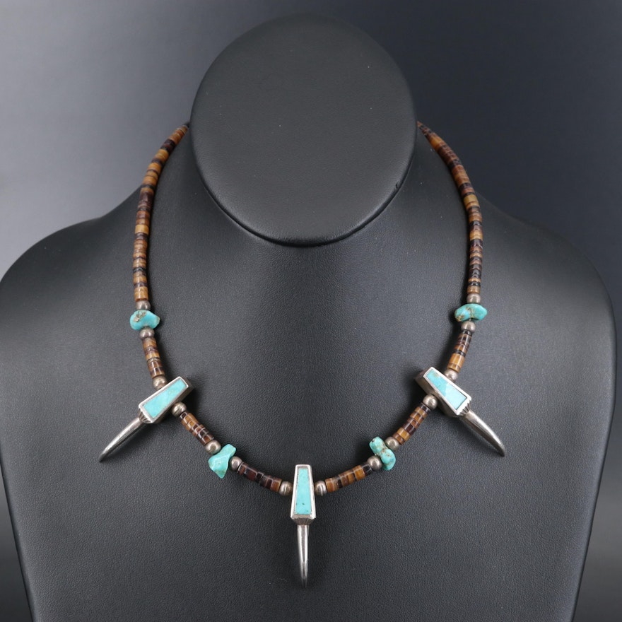 Southwestern Style Sterling Turquoise and Horn Necklace with Claw Motif