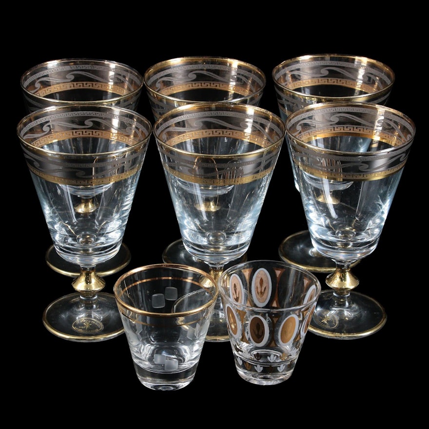 J. Preziosi Italian Gold and Silver Trim Wine Goblets and Shot Glasses