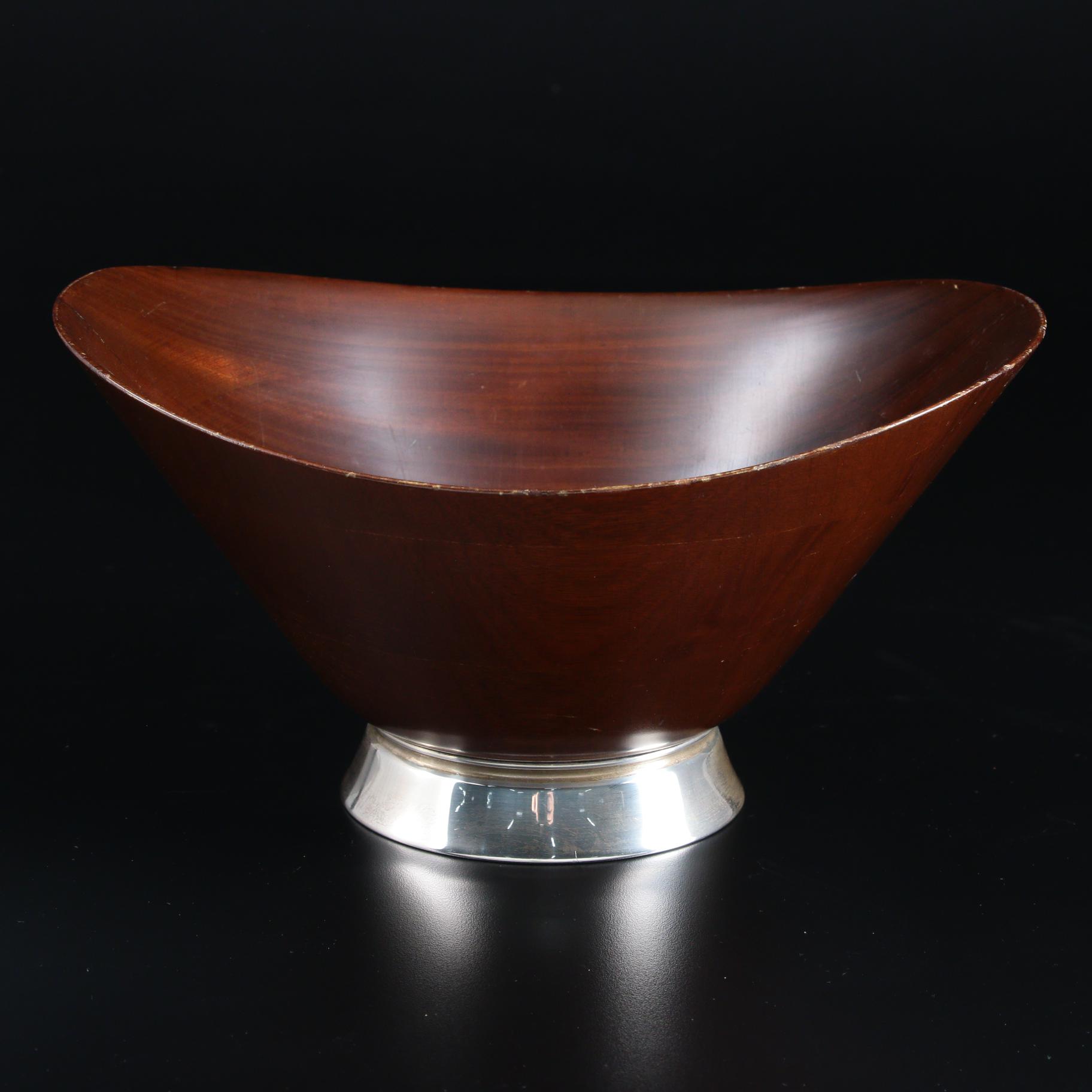 Gorham Sterling Silver Footed Teak Wood Serving Bowl, Mid-20th C.