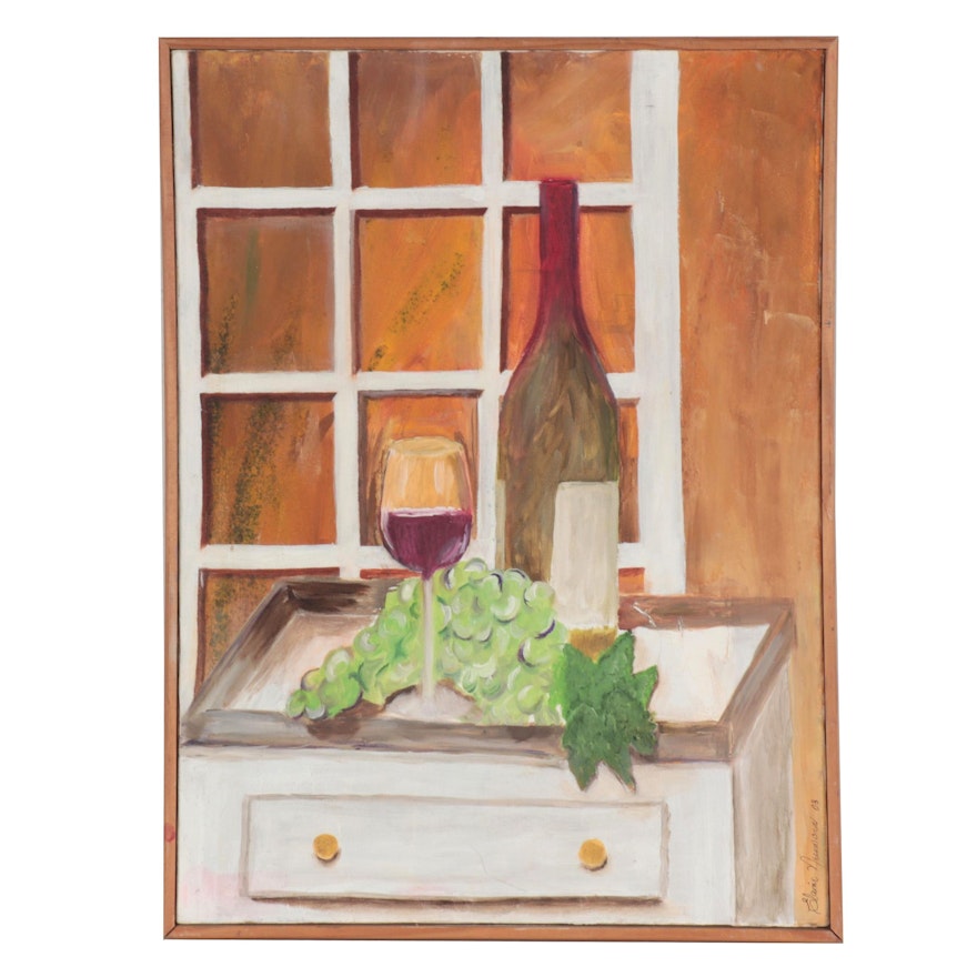 Elaine Neumann Still Life Oil Painting of Wine and Grapes, 2003