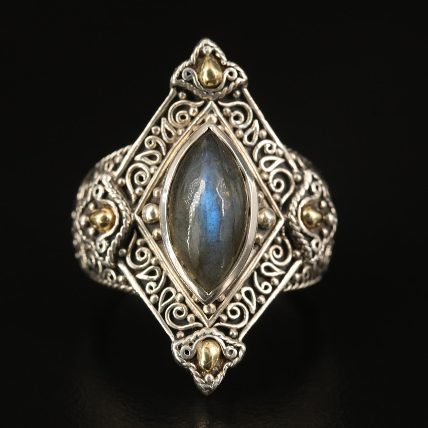 Sterling Labradorite Navette Filigree  Ring with 18K Accents