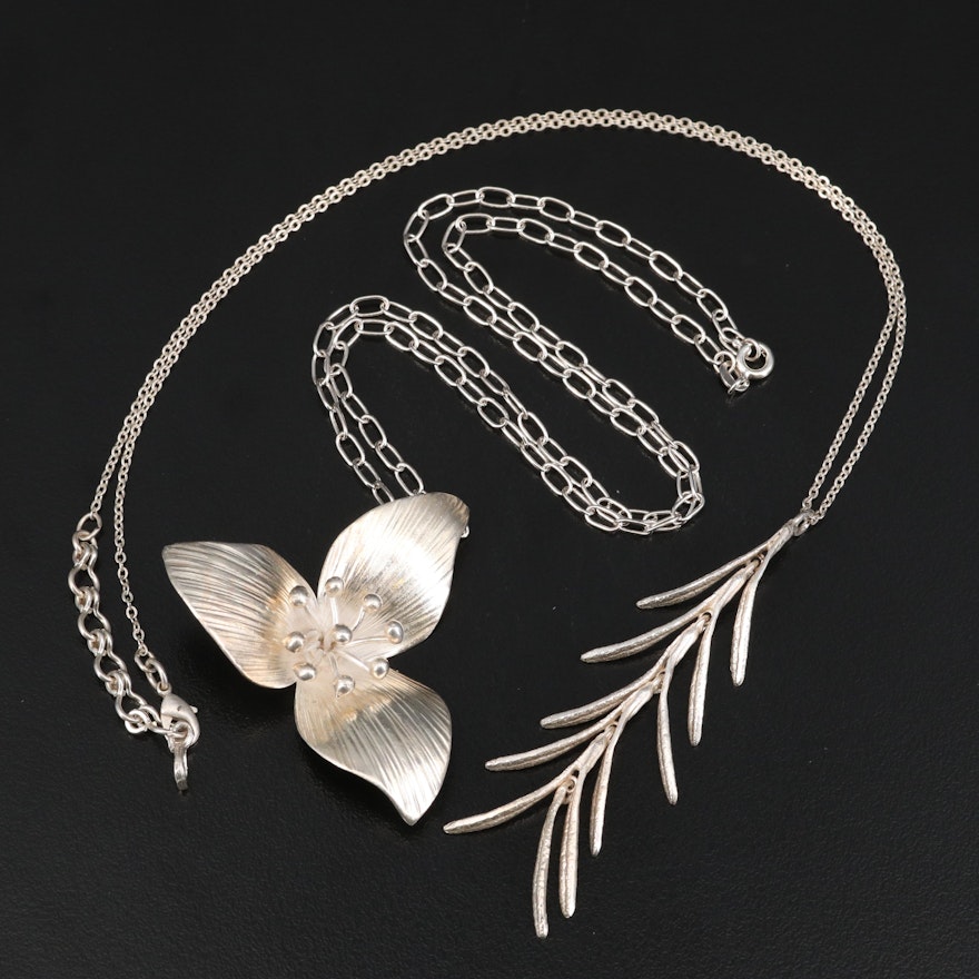 Trillium Flower Necklace and Rosemary Sprig Necklace Including Sterling