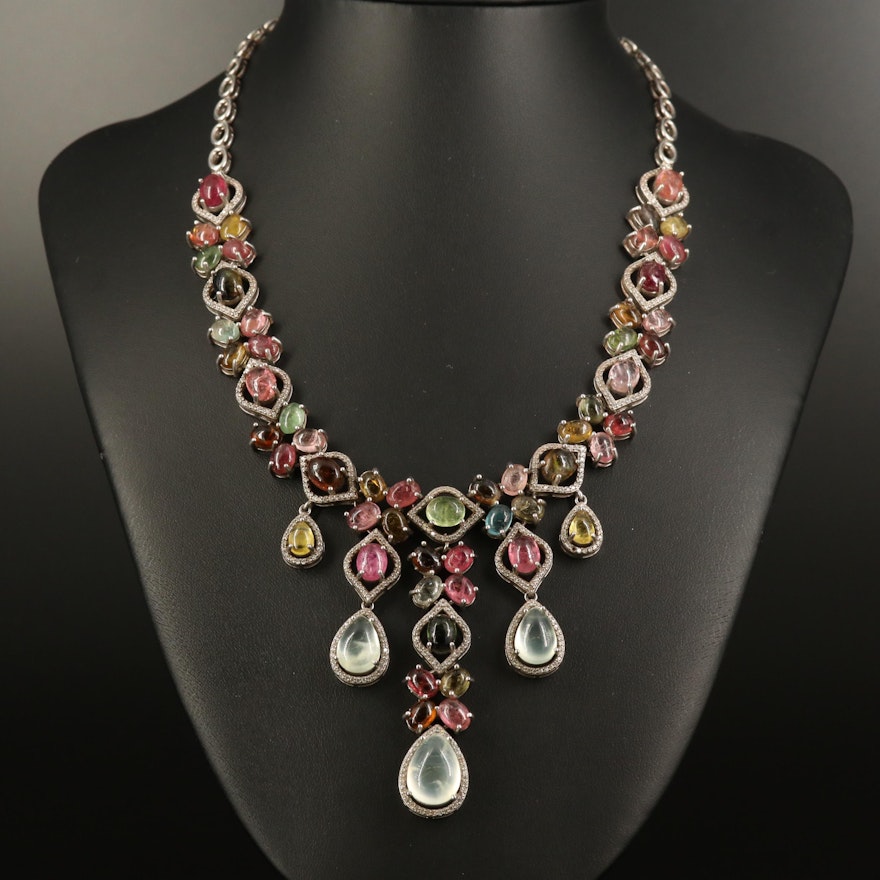 Sterling Tourmaline, Prehnite and Cubic Zirconia Necklace